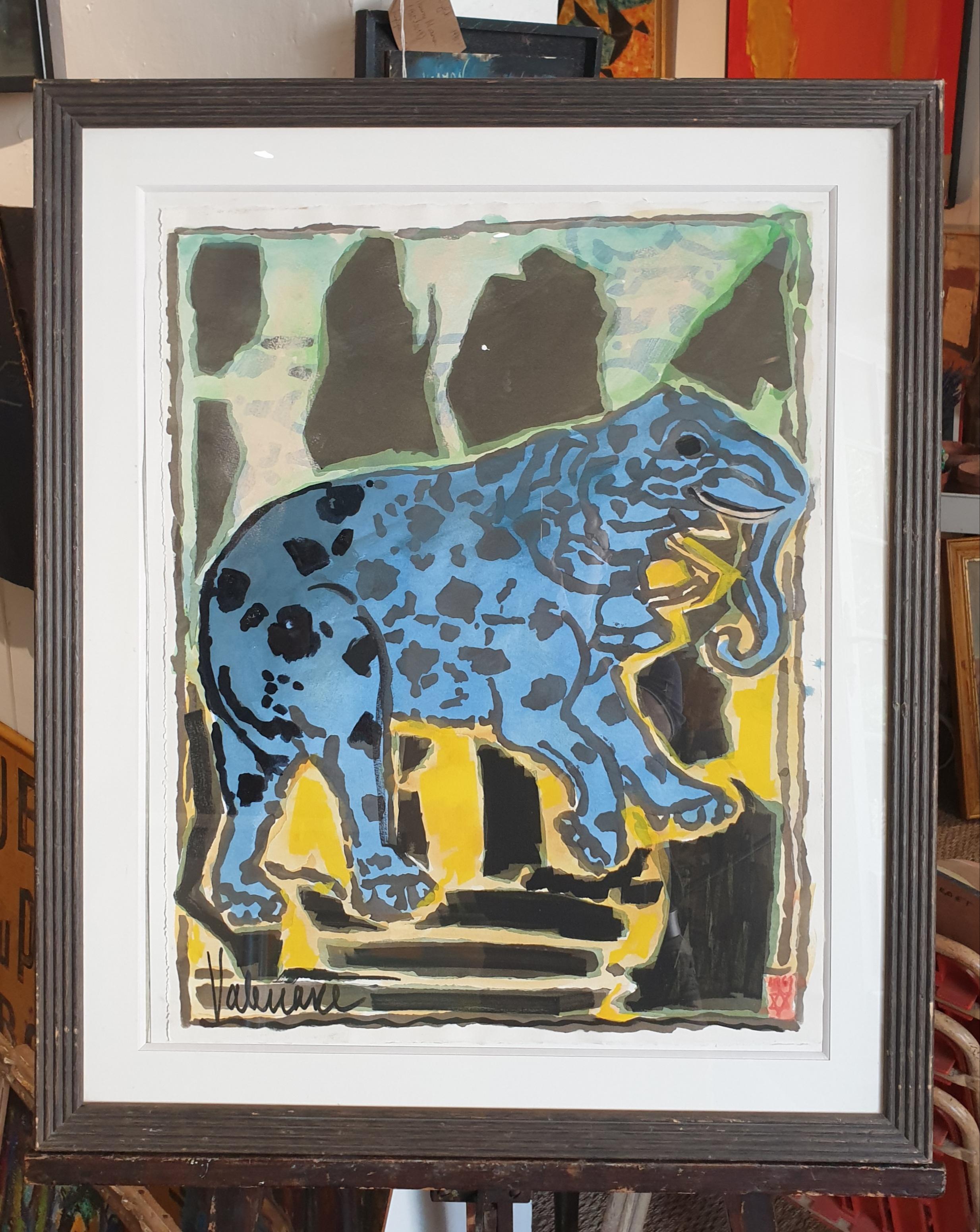 The Blue Elephant. Mid-Century Gouache on Handmade Paper. For Sale 9