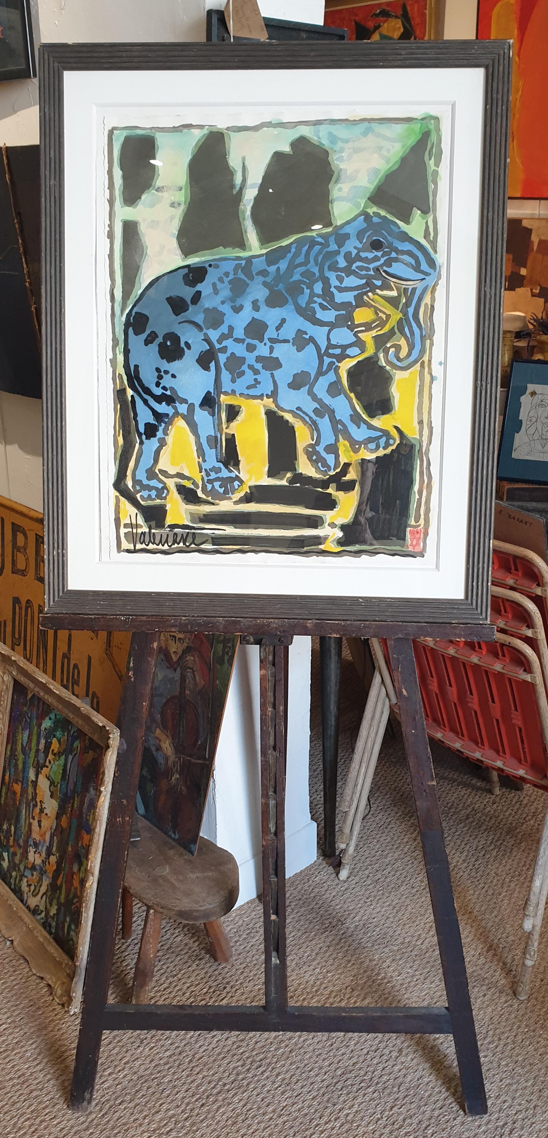 The Blue Elephant. Mid-Century Gouache on Handmade Paper. For Sale 10