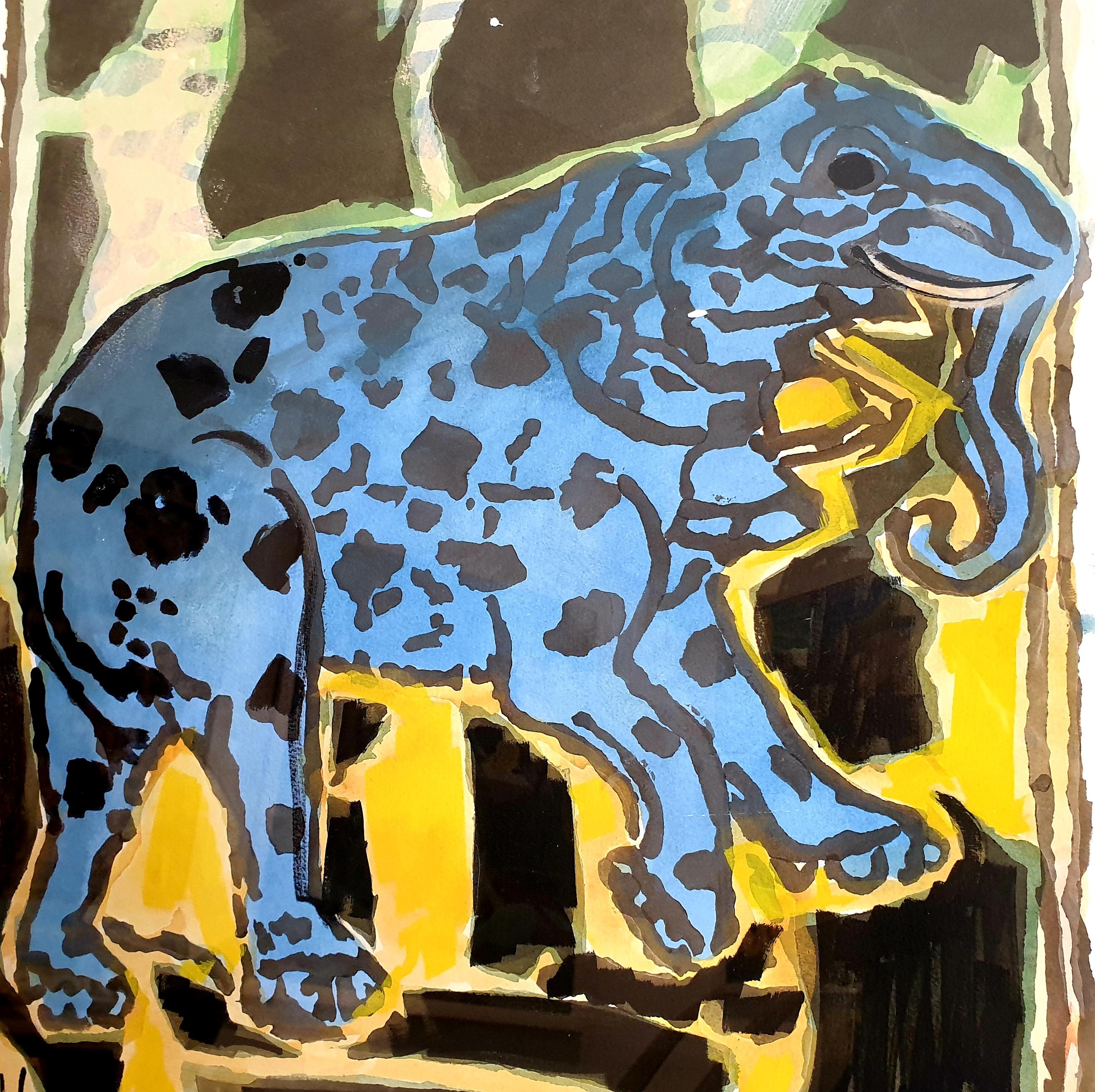 The Blue Elephant. Mid-Century Gouache on Handmade Paper. - Painting by Valeriane