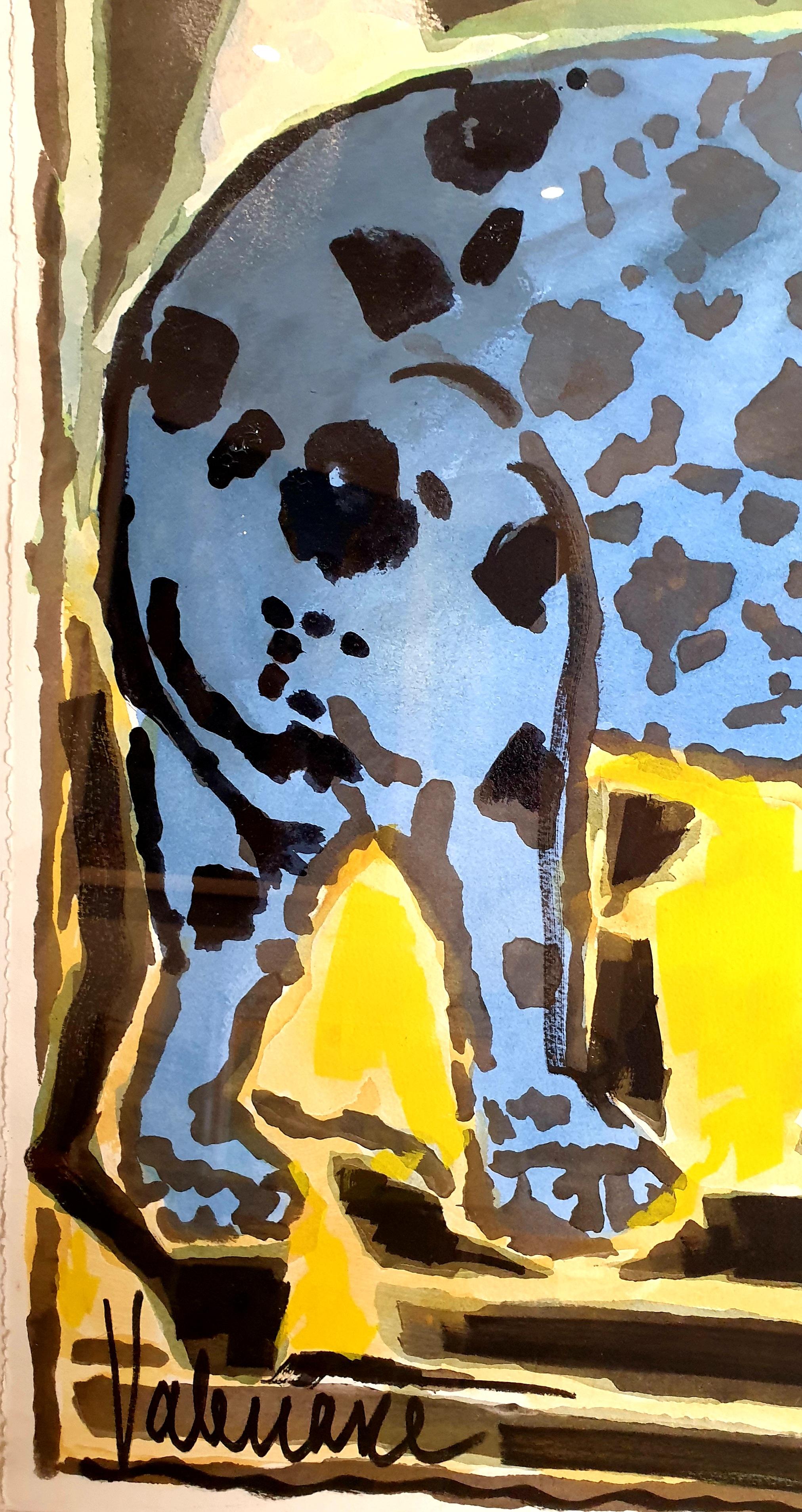 Mid-century gouache on handmade paper of a blue elephant in landscape by French artist Valeriane, signed to the bottom left and dated to the bottom right above a star of David.

A charming rendition of a blue elephant in wonderfully rich and playful