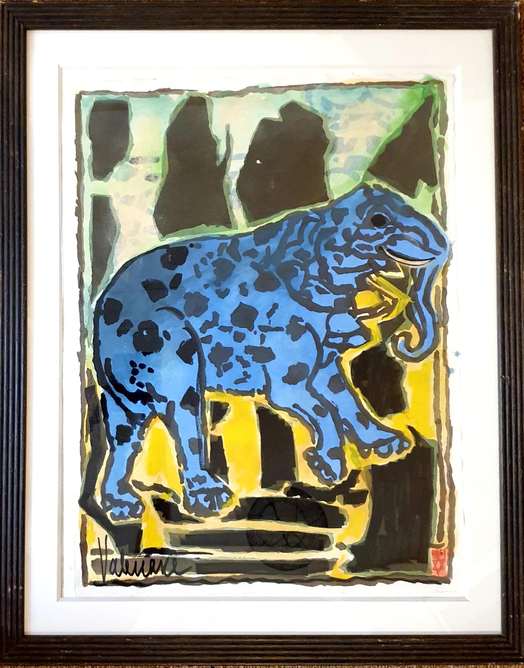 Valeriane Animal Painting - The Blue Elephant. Mid-Century Gouache on Handmade Paper.