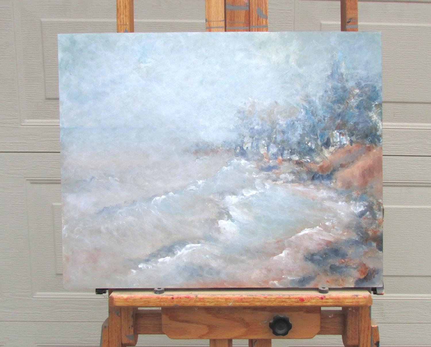 <p>Artist Comments<br>Foggy mists wrap the shore in the early morning, shrouding the waves as they vanish into the horizon. The soft, pale colors imbue the scene with a soothing and dreamlike ambiance. Artist Valerie Berkeley uses her fingertips to