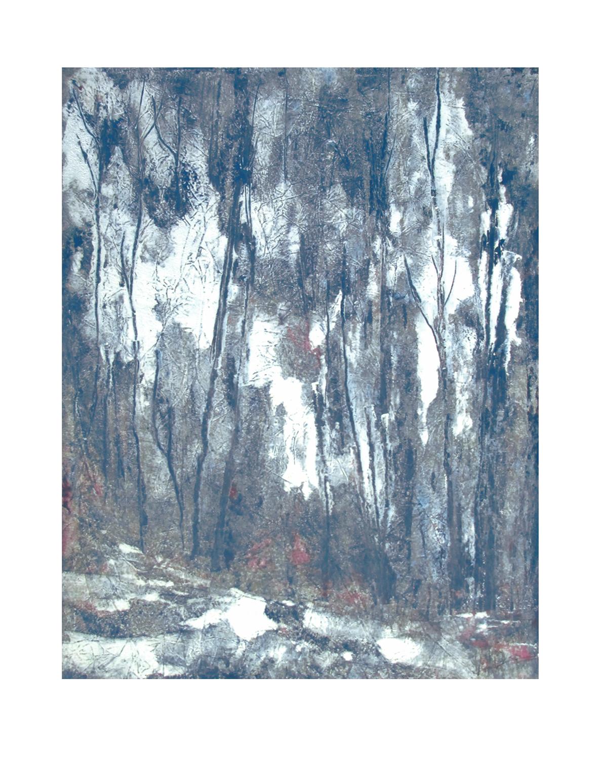 Winterhölzer 3, Abstraktes Ölgemälde (Grau), Landscape Painting, von Valerie Berkely
