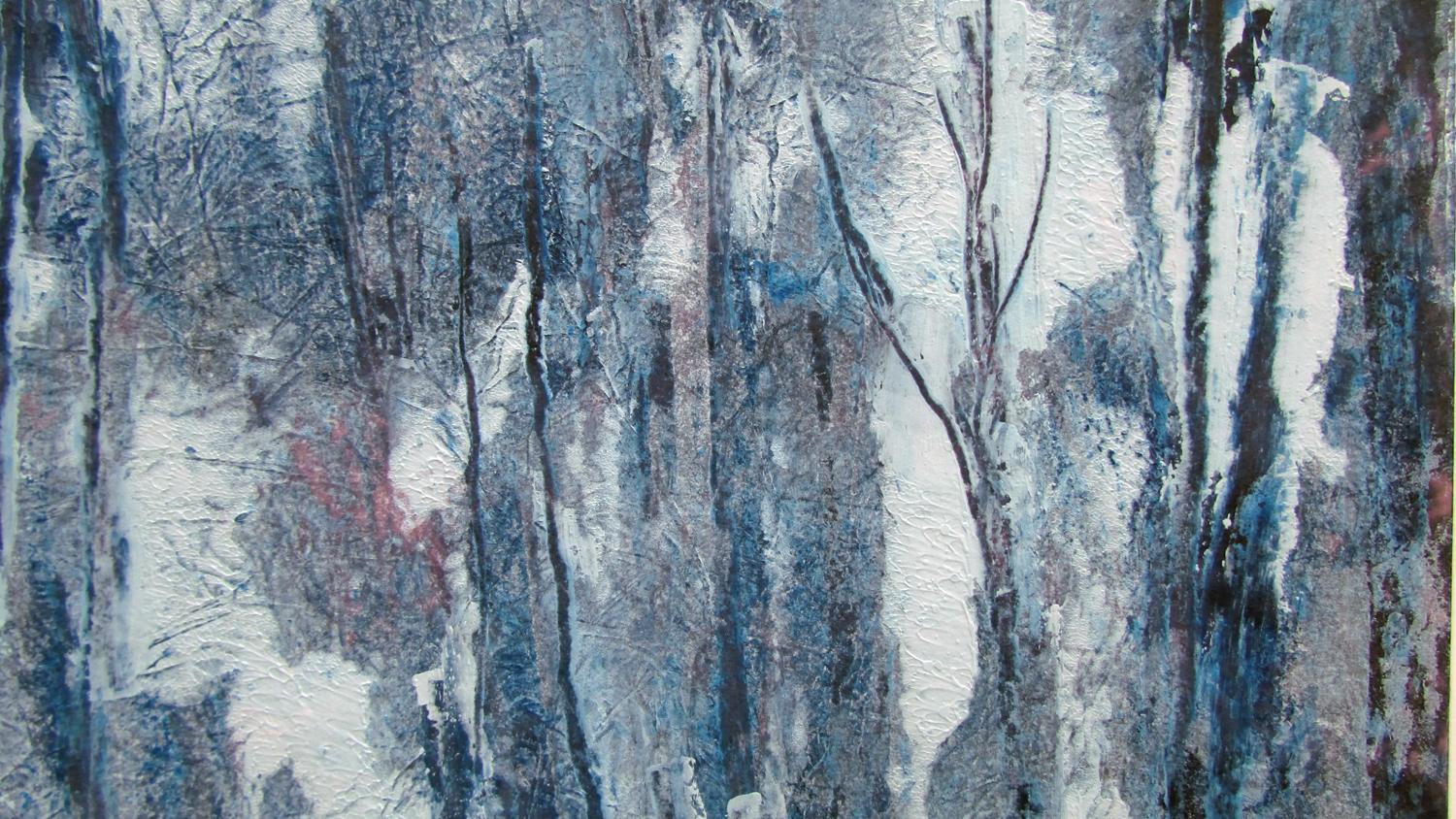 <p>Kommentare des Künstlers<br>Der Winter inspiriert zu stiller Kontemplation, da die begrenzten Farben die Kälte und Stille des Waldes hervorrufen. Die Szene suggeriert Schnee auf dem Waldboden und verschneites Laub. Eine Knittertechnik verleiht