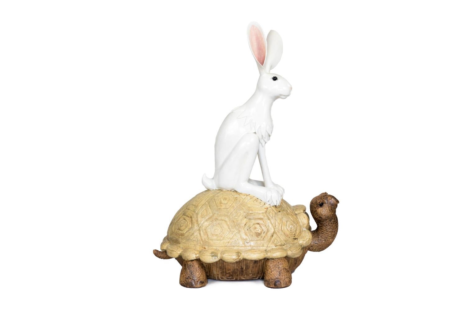 French Valérie Courtet, Rabbit and Tortoise, Glazed Stoneware Sculpture