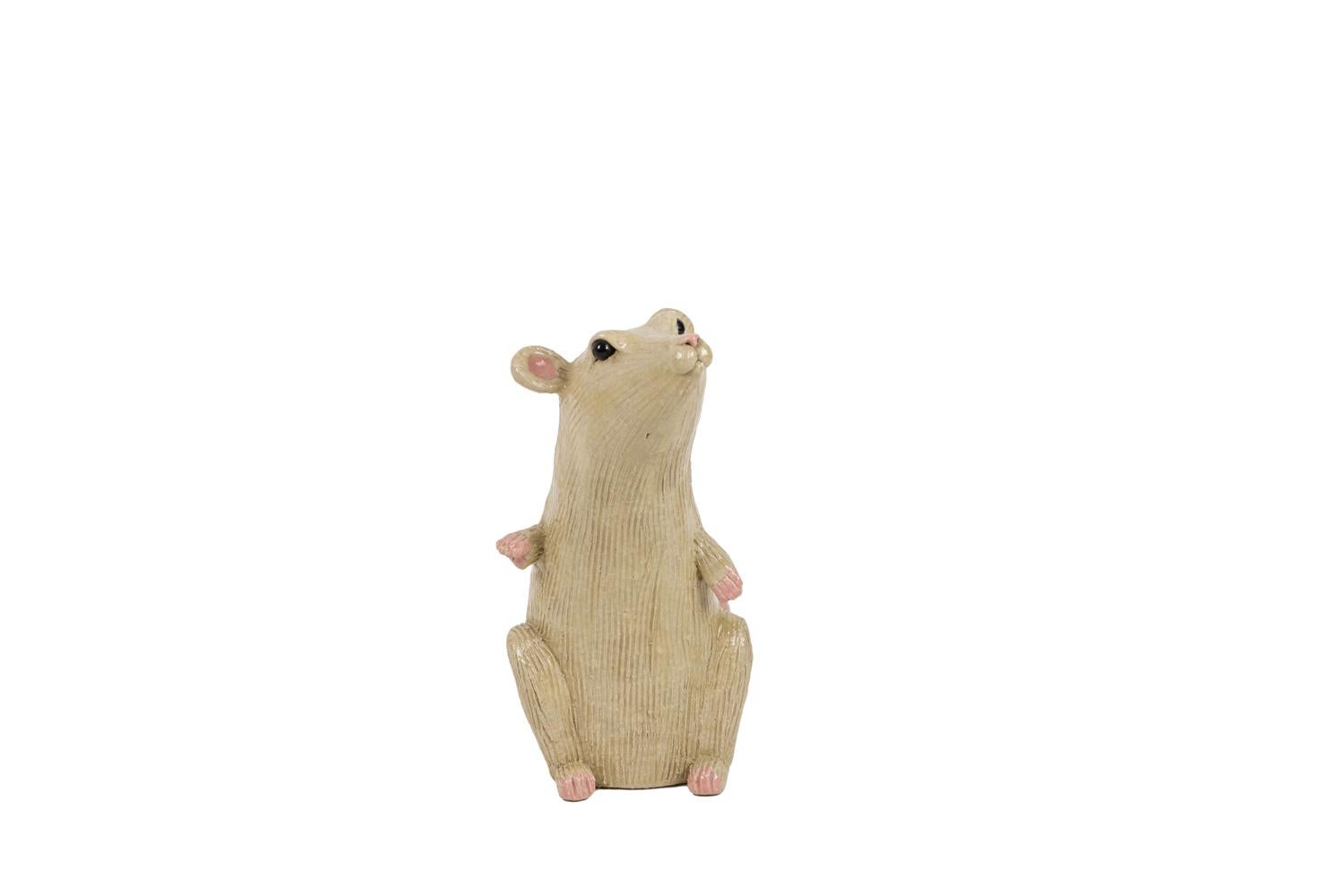 Valérie Courtet, signed.
Glazed stoneware sculpture figuring a cream colored rat with a striped skin. It is sat on its back legs and raises the head to the top. Its ears, its nose, its paws and its tail are pink.

French contemporary
