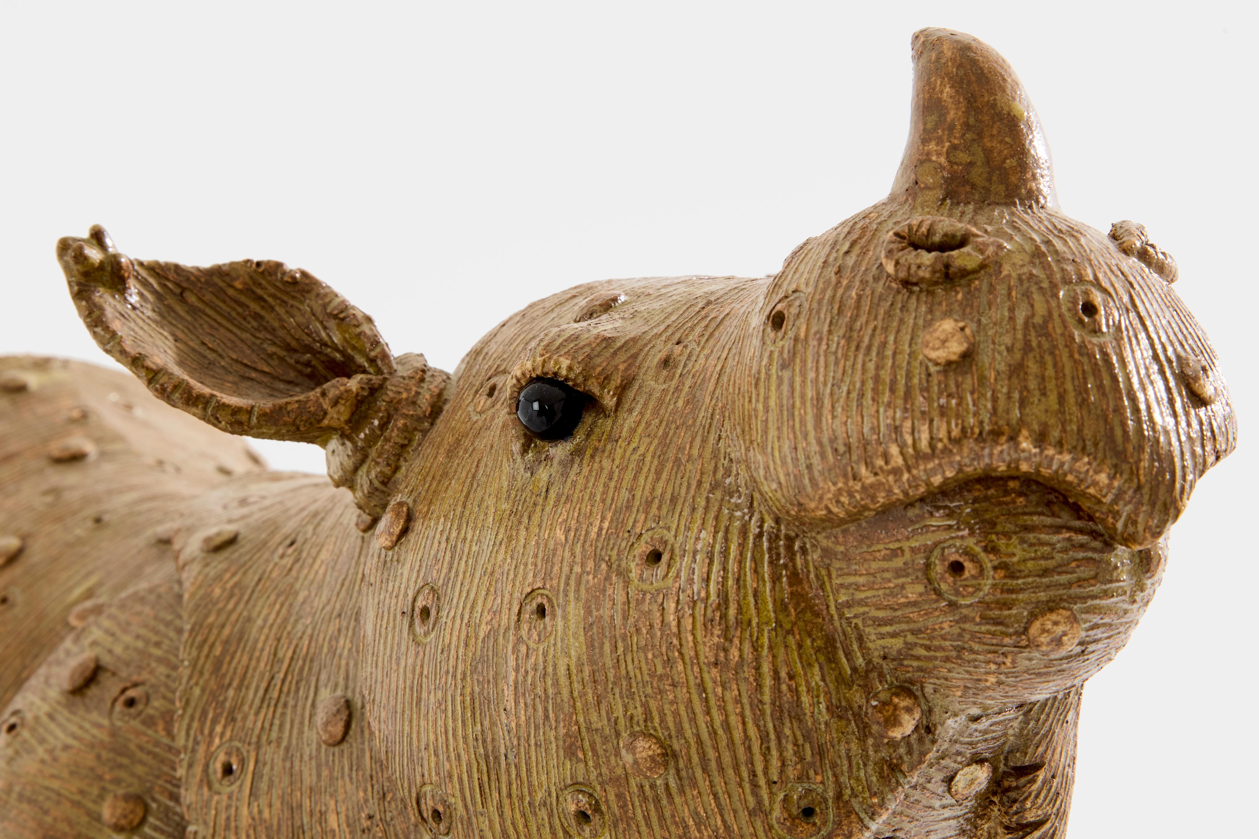 Contemporary Valérie Courtet rhinoceros sculpture glazed stoneware circa 2010 For Sale