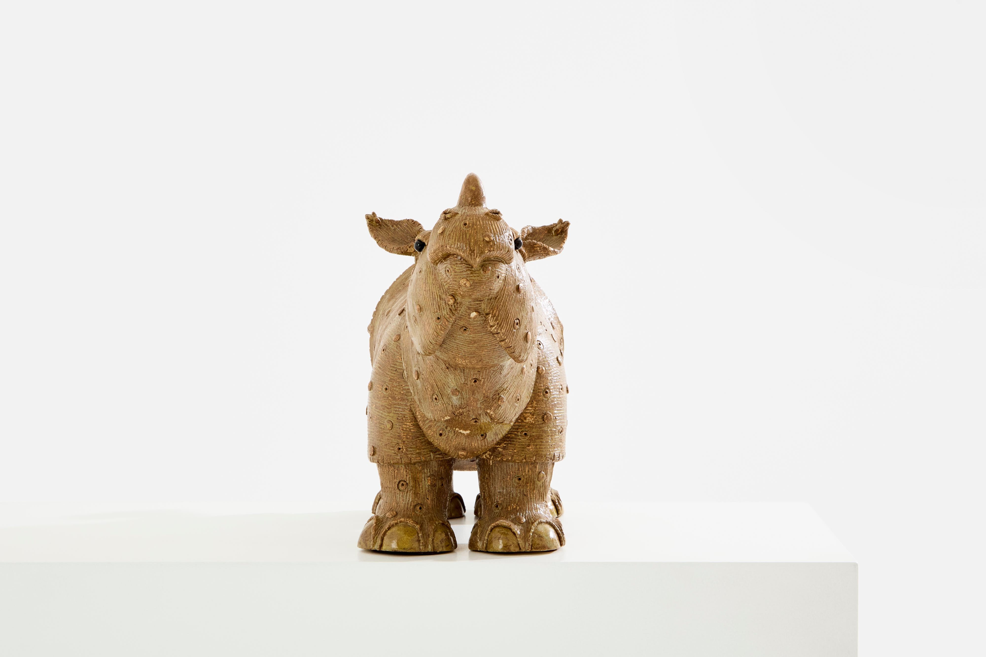 Stoneware Valérie Courtet rhinoceros sculpture glazed stoneware circa 2010 For Sale
