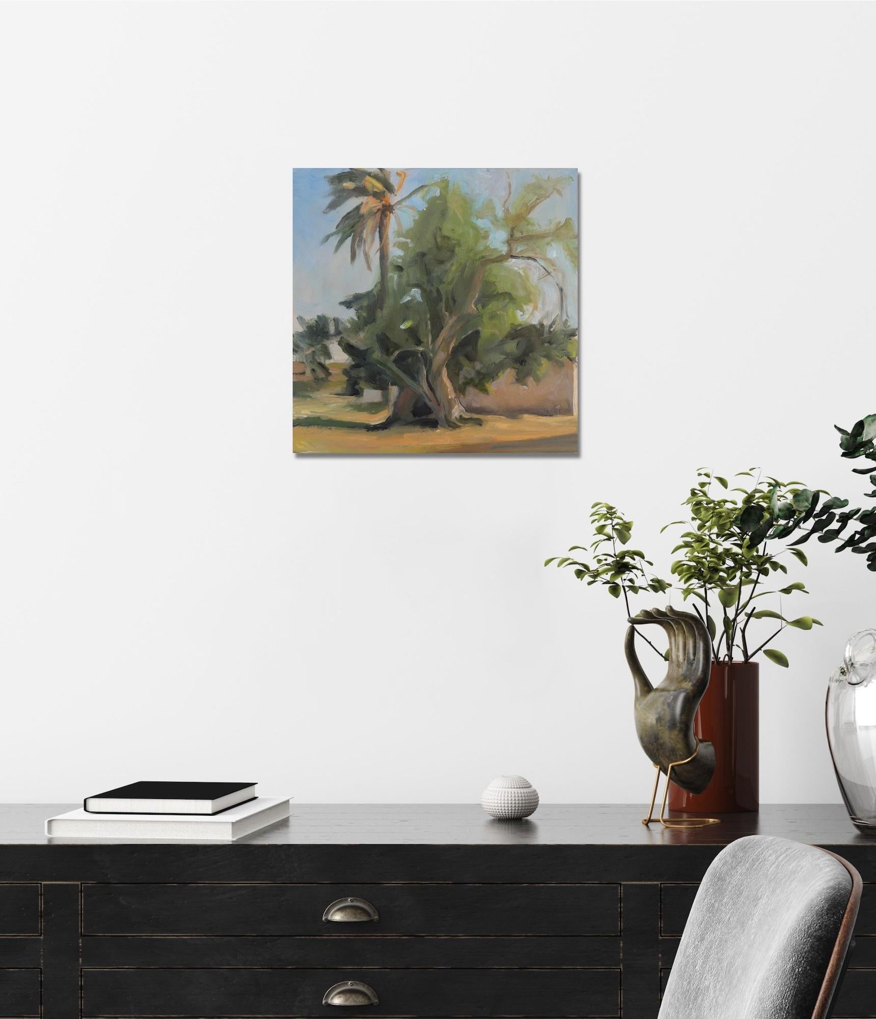Algarrobo y palmera de Valérie de Sarrieu - pintura de paisaje, naturaleza, óleo en venta 1
