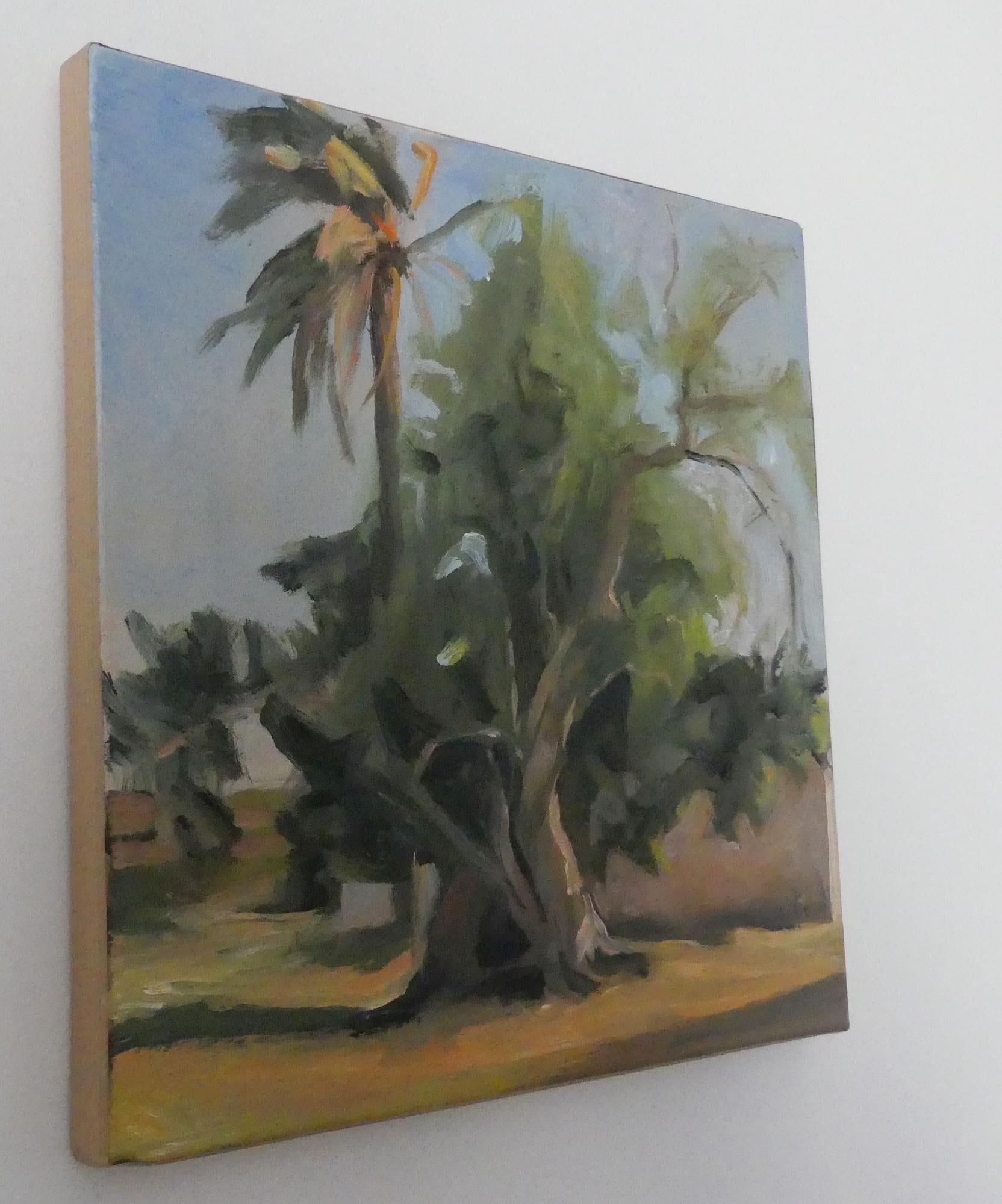 Algarrobo y palmera de Valérie de Sarrieu - pintura de paisaje, naturaleza, óleo en venta 2