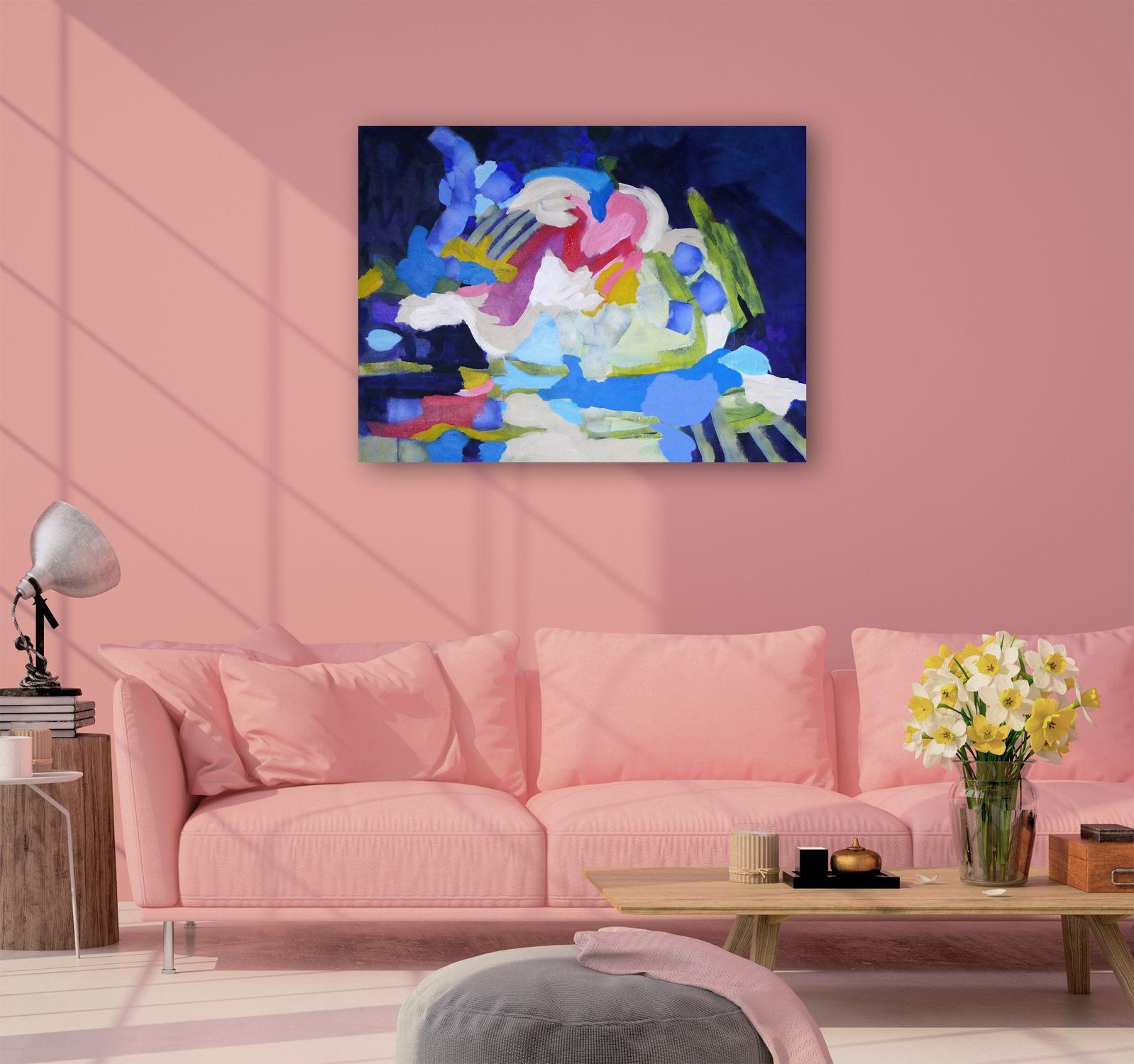 Delicious midnight blues cradle this painting's colors on gallery-wrapped cotton canvas, the colors continuing around the sides. It works the other way round too!    Painted with fine artist quality acrylics and mediums. Sealed with a final layer of