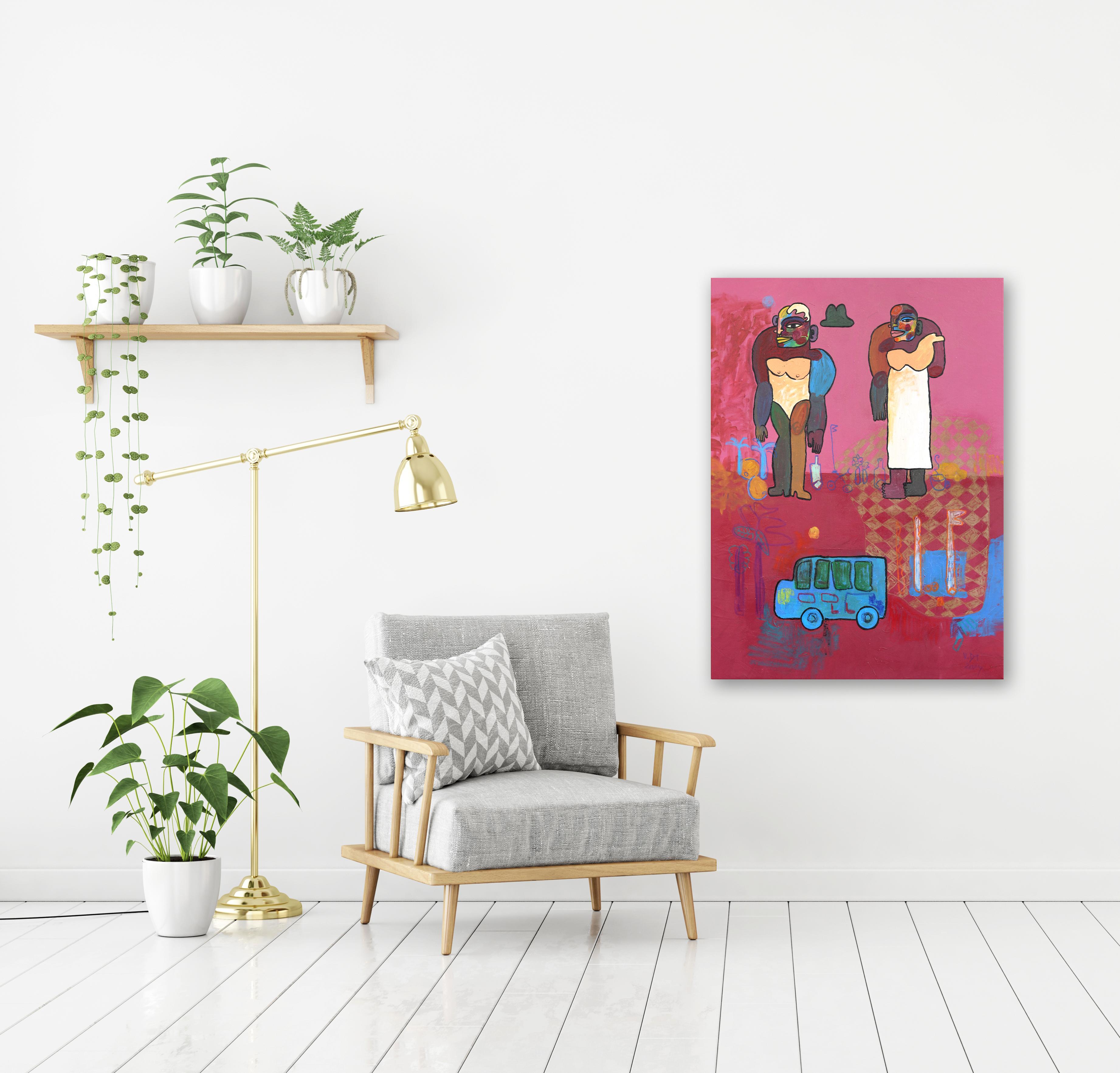 Alla fermata dell'autobus  -  Pittura astratta figurativa rosa - Painting di Valerie Etitinwo
