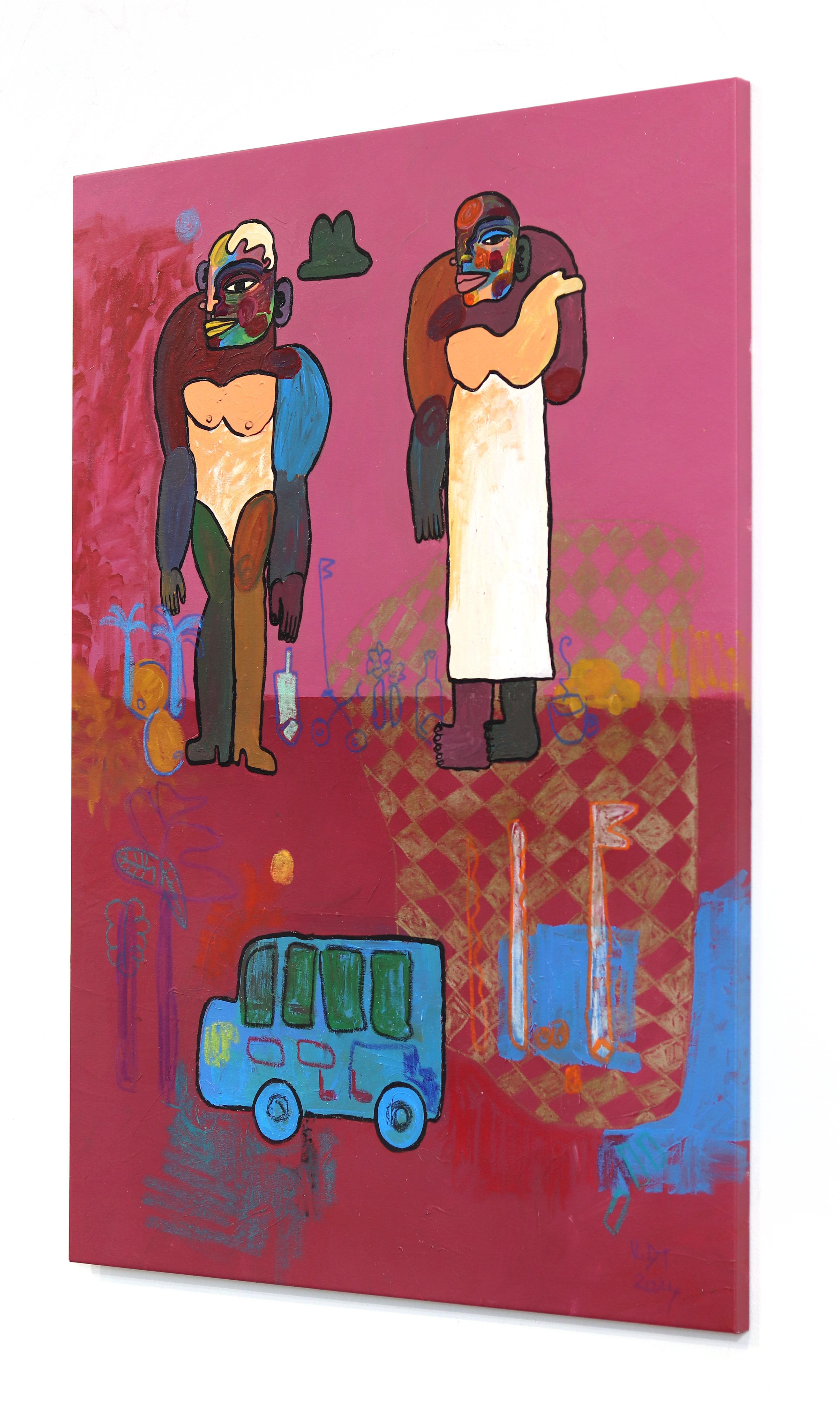 Alla fermata dell'autobus  -  Pittura astratta figurativa rosa - Abstract Painting Rosa di Valerie Etitinwo