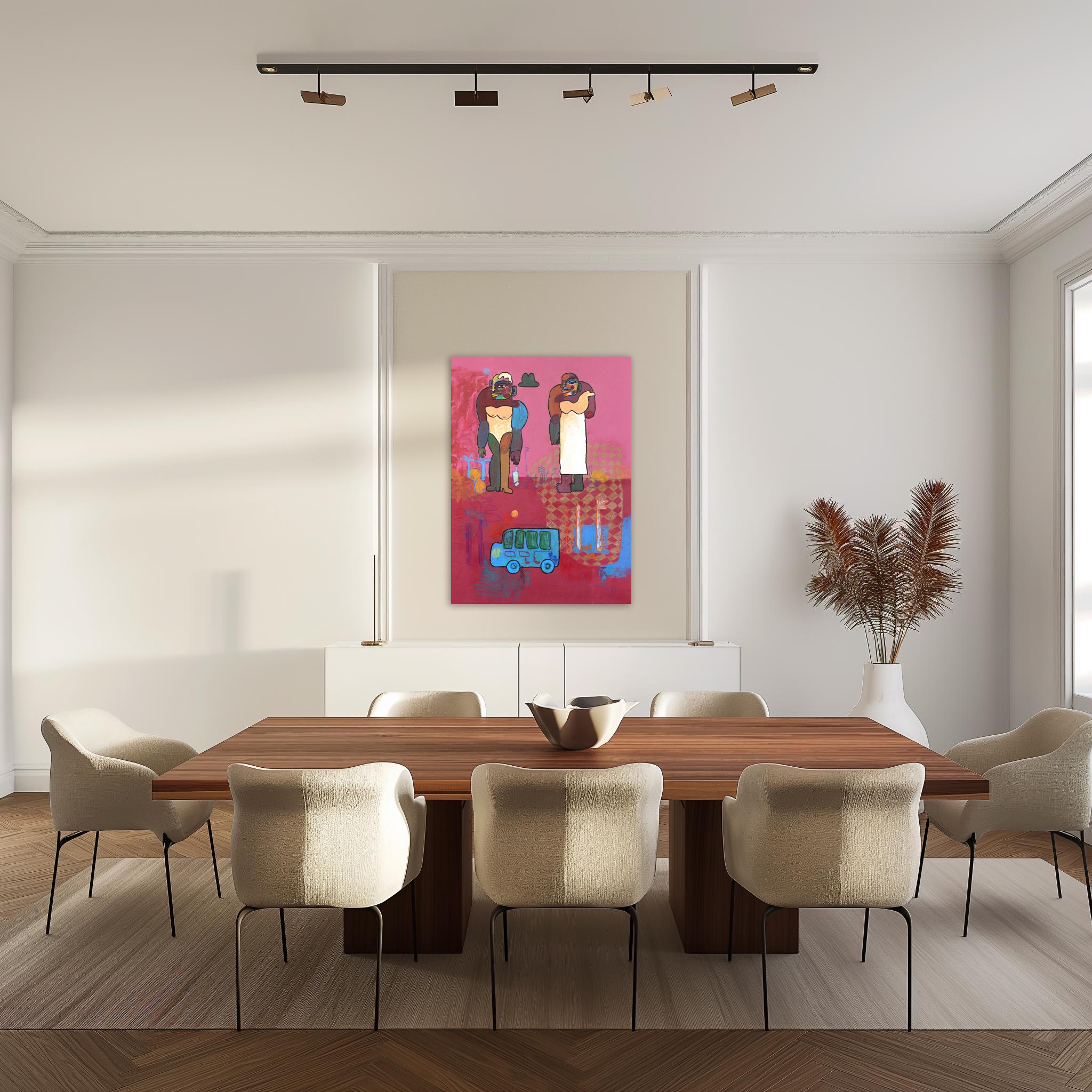 Alla fermata dell'autobus  -  Pittura astratta figurativa rosa in vendita 1