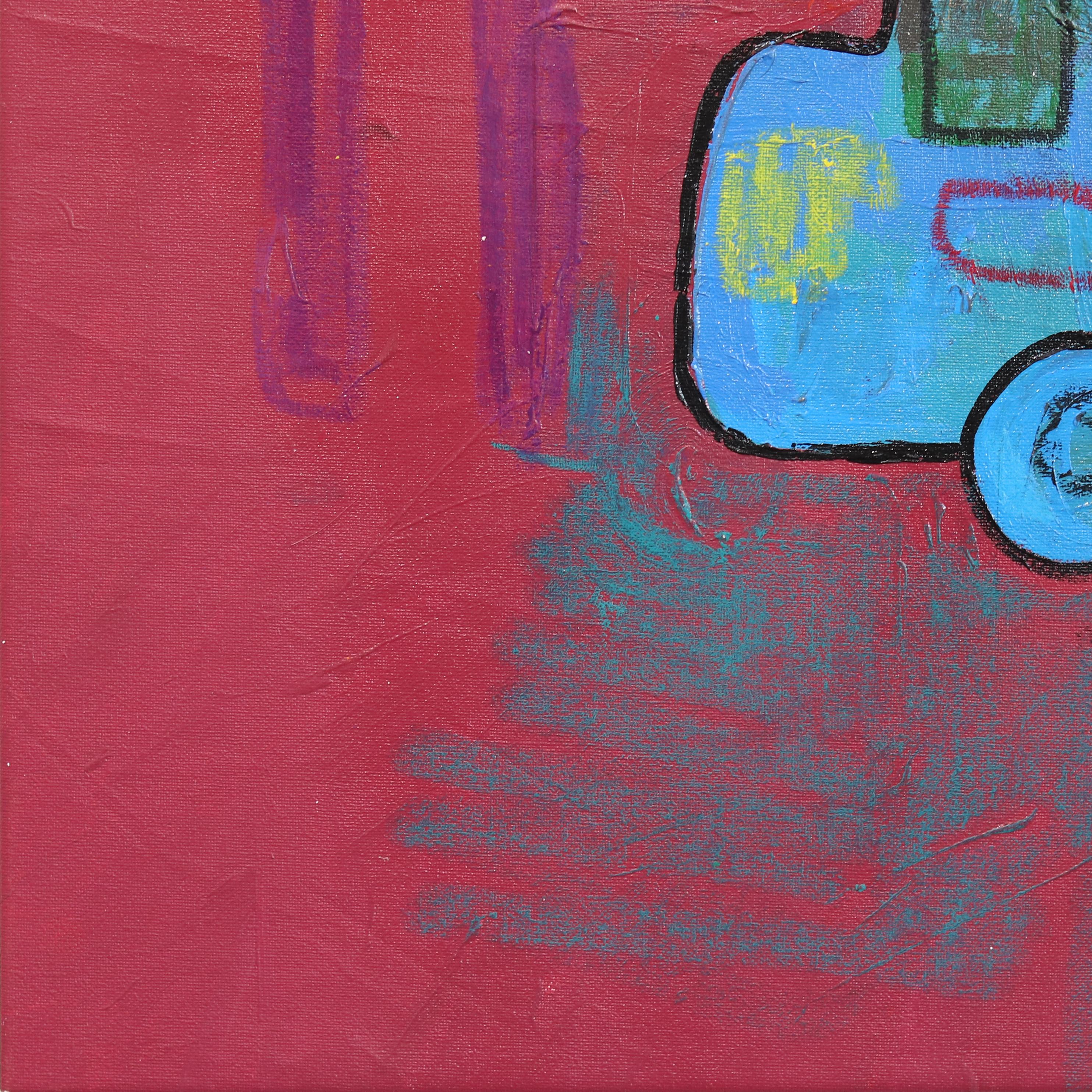 Alla fermata dell'autobus  -  Pittura astratta figurativa rosa in vendita 2