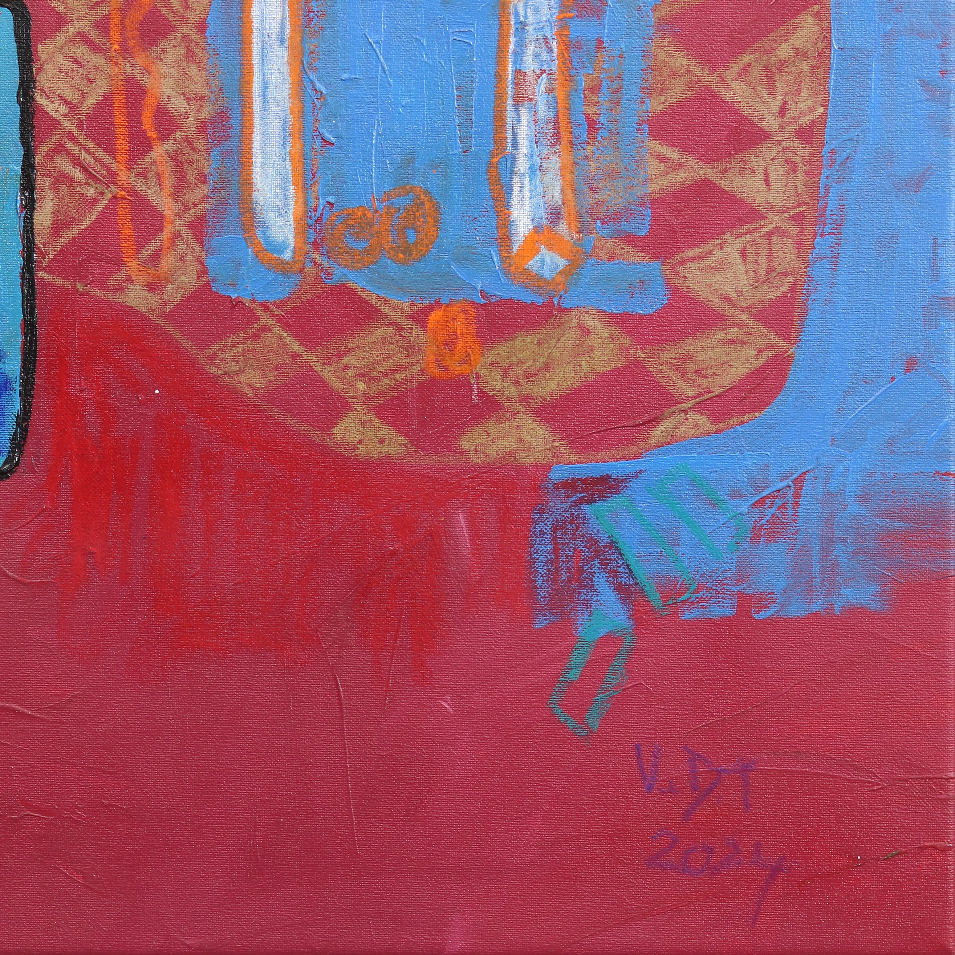 Alla fermata dell'autobus  -  Pittura astratta figurativa rosa in vendita 3