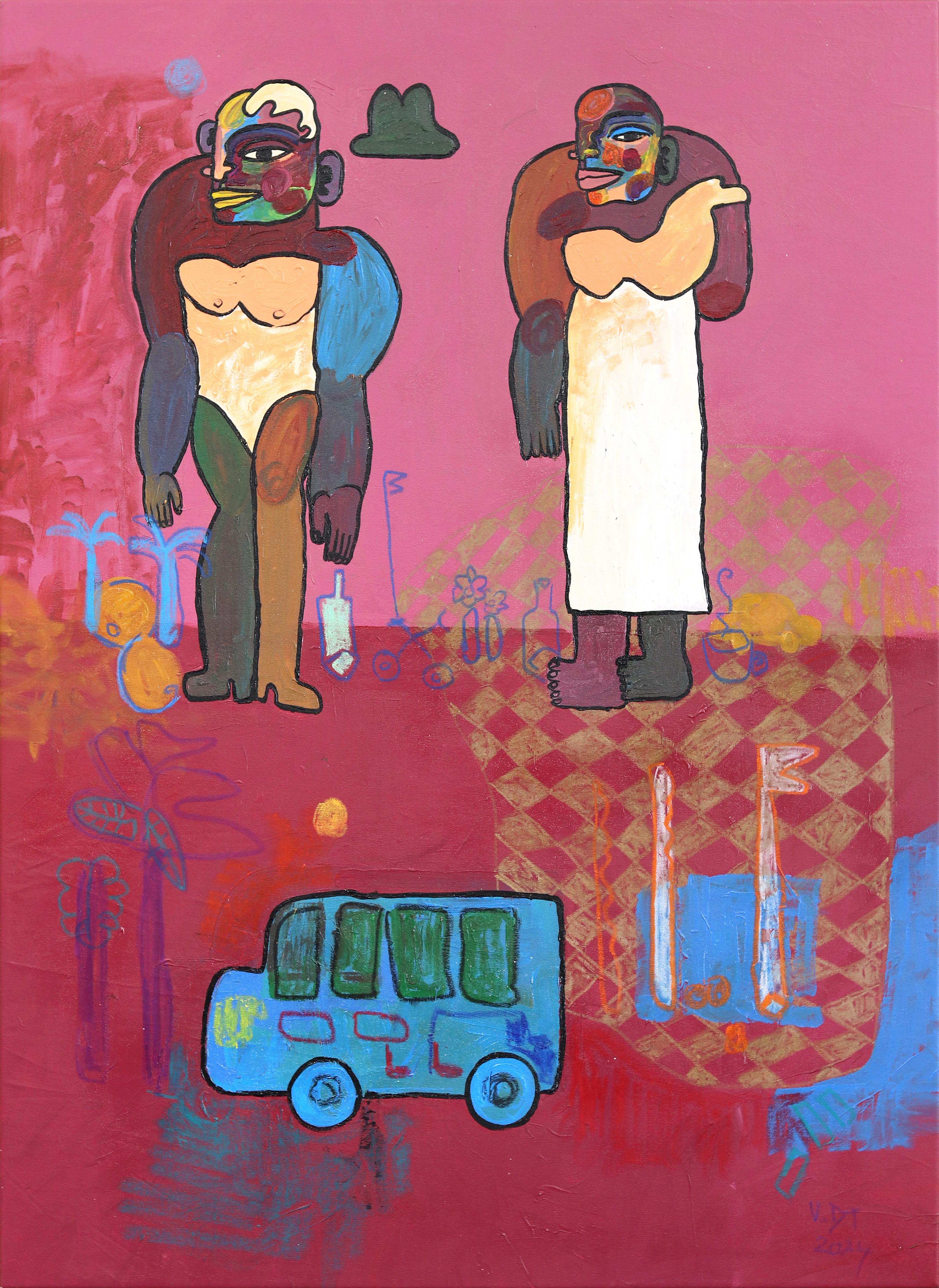 En la parada del autobús  -  Pintura abstracta figurativa rosa