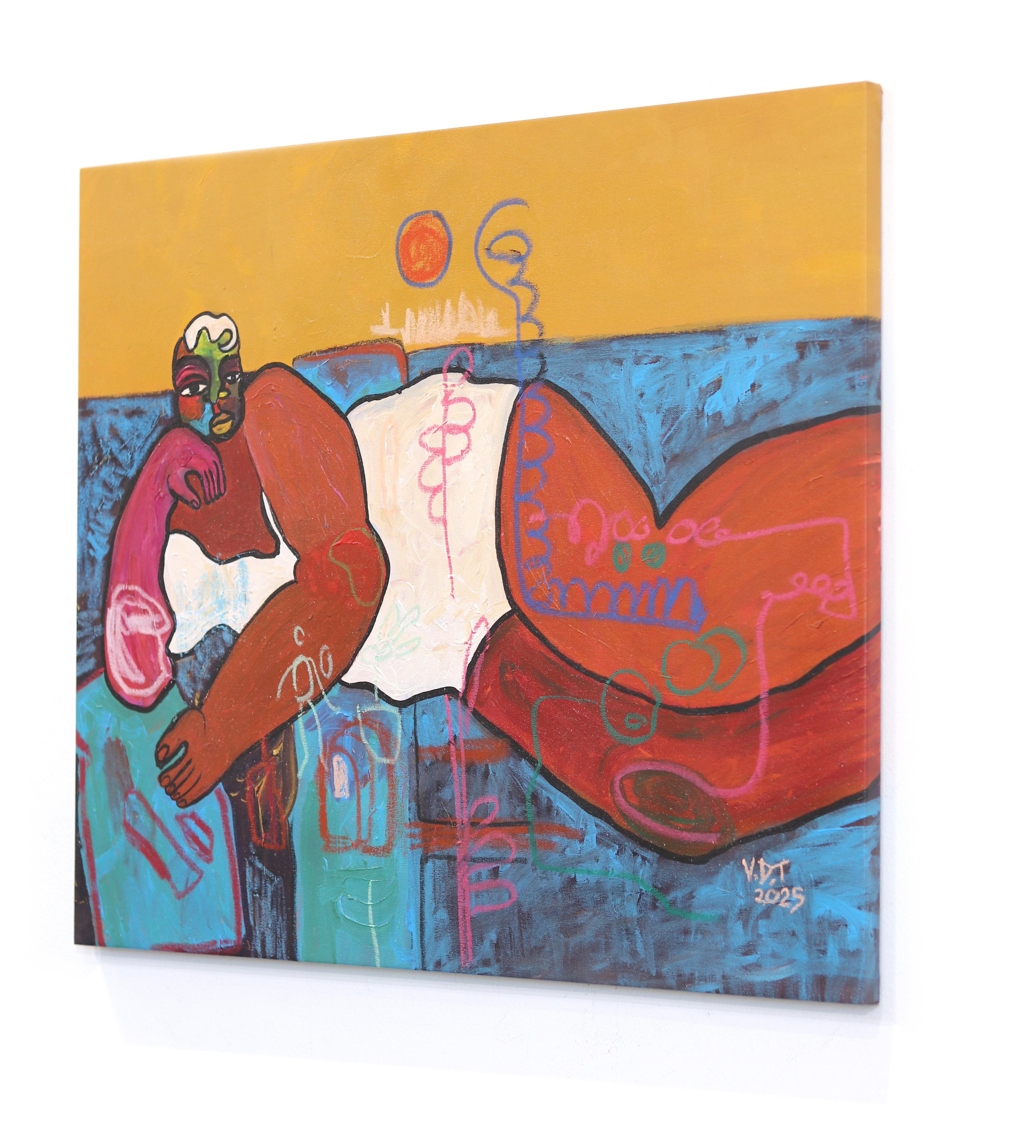 Bed Rotting I - Expressive Abstract Colorful Figurative Cubist Portrait Painting For Sale 1