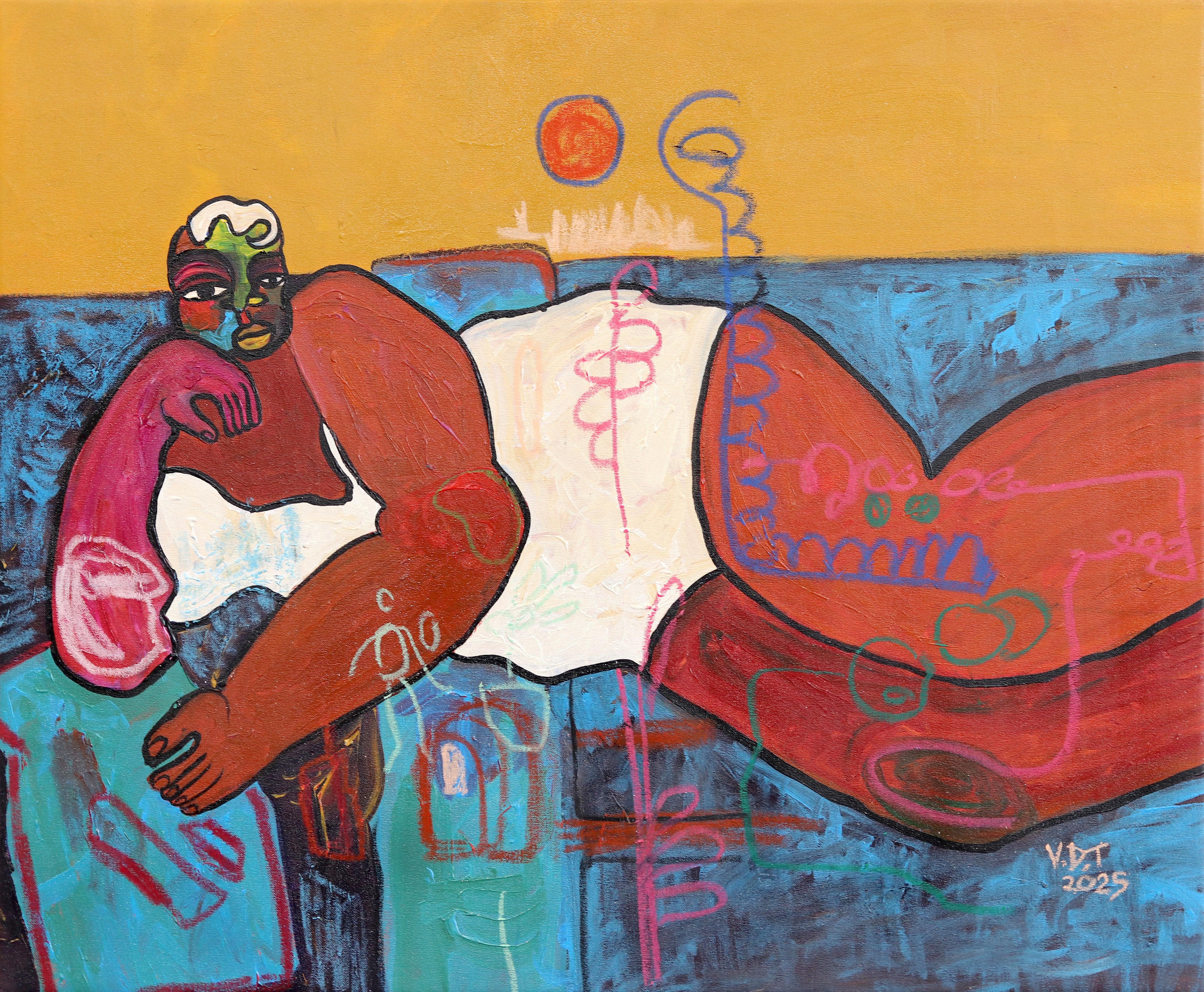 Valerie Etitinwo Abstract Painting - Bed Rotting I - Expressive Abstract Colorful Figurative Cubist Portrait Painting