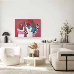 Tanzende Nachbarn - Abstrakte figurative kubistische Farbe getränkte gemischte Medienkunst