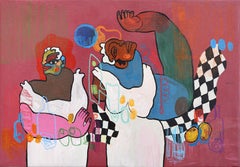 Tanzende Nachbarn - Abstrakte figurative kubistische Farbe getränkte gemischte Medienkunst