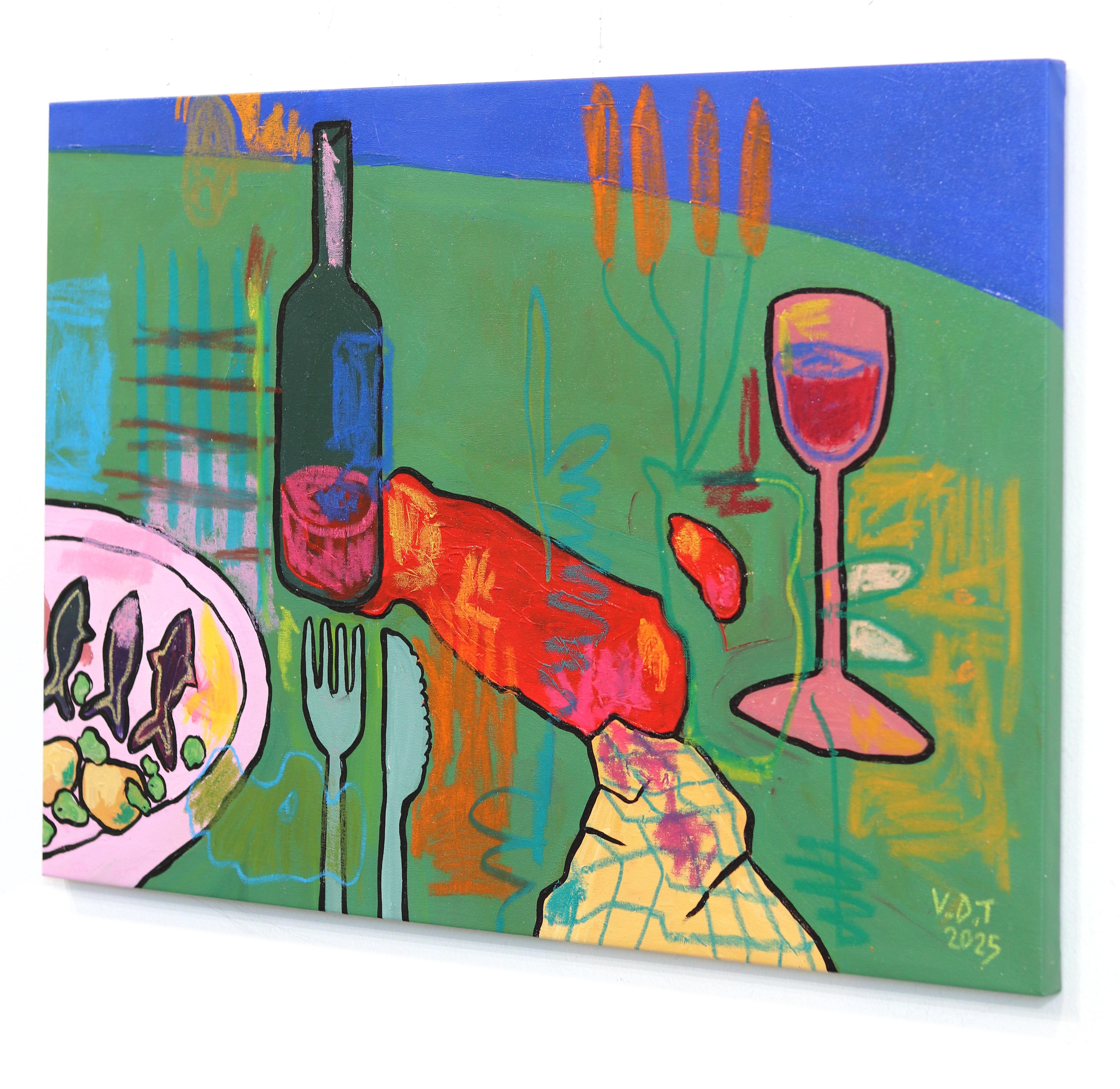 Set de table - Expressive Abstract Colorful Mixed Media Dining Still Life Painting en vente 1