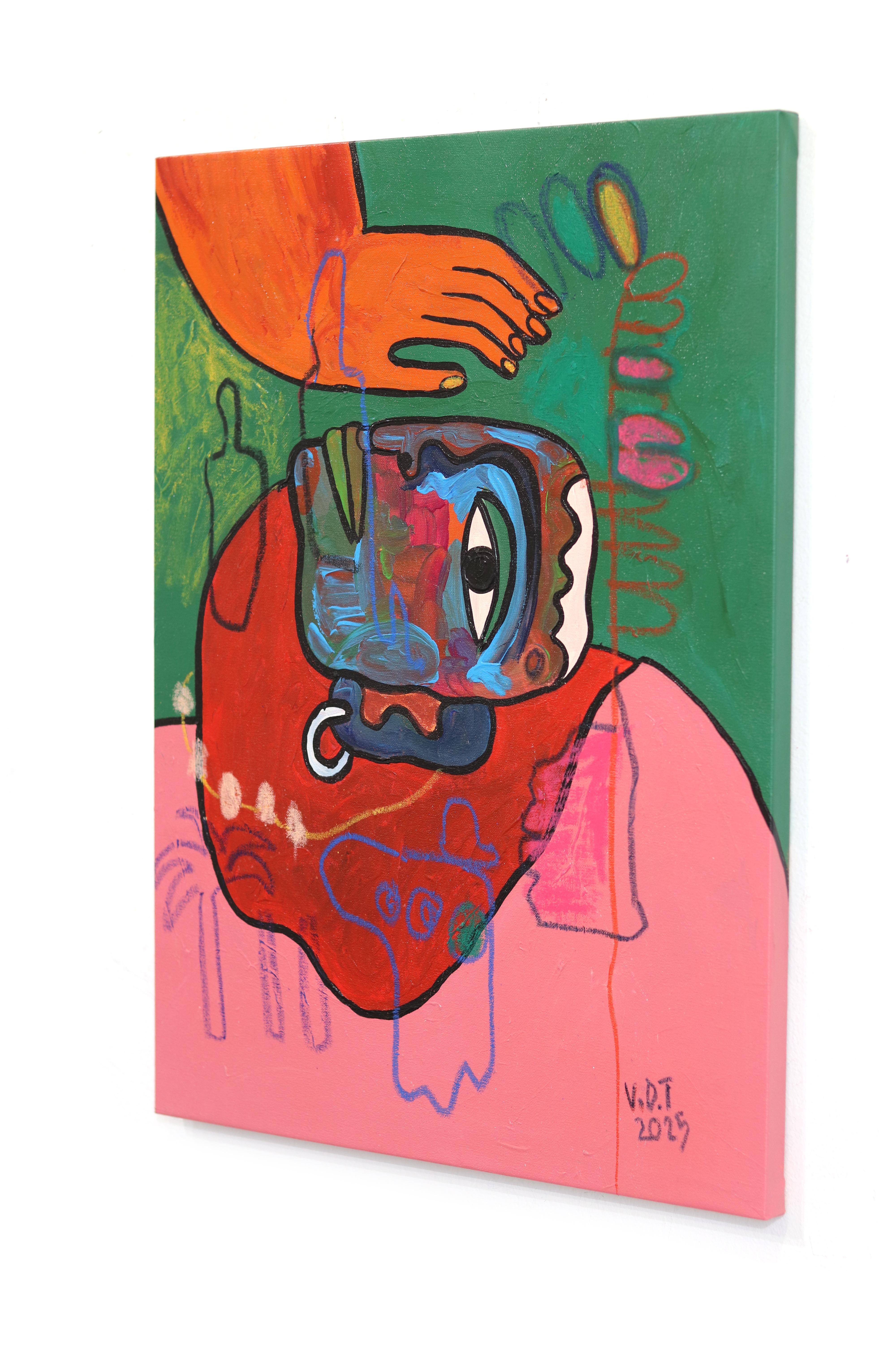 Le visage se touche - Peinture abstraite colorée expressive en techniques mixtes - Rose Abstract Painting par Valerie Etitinwo