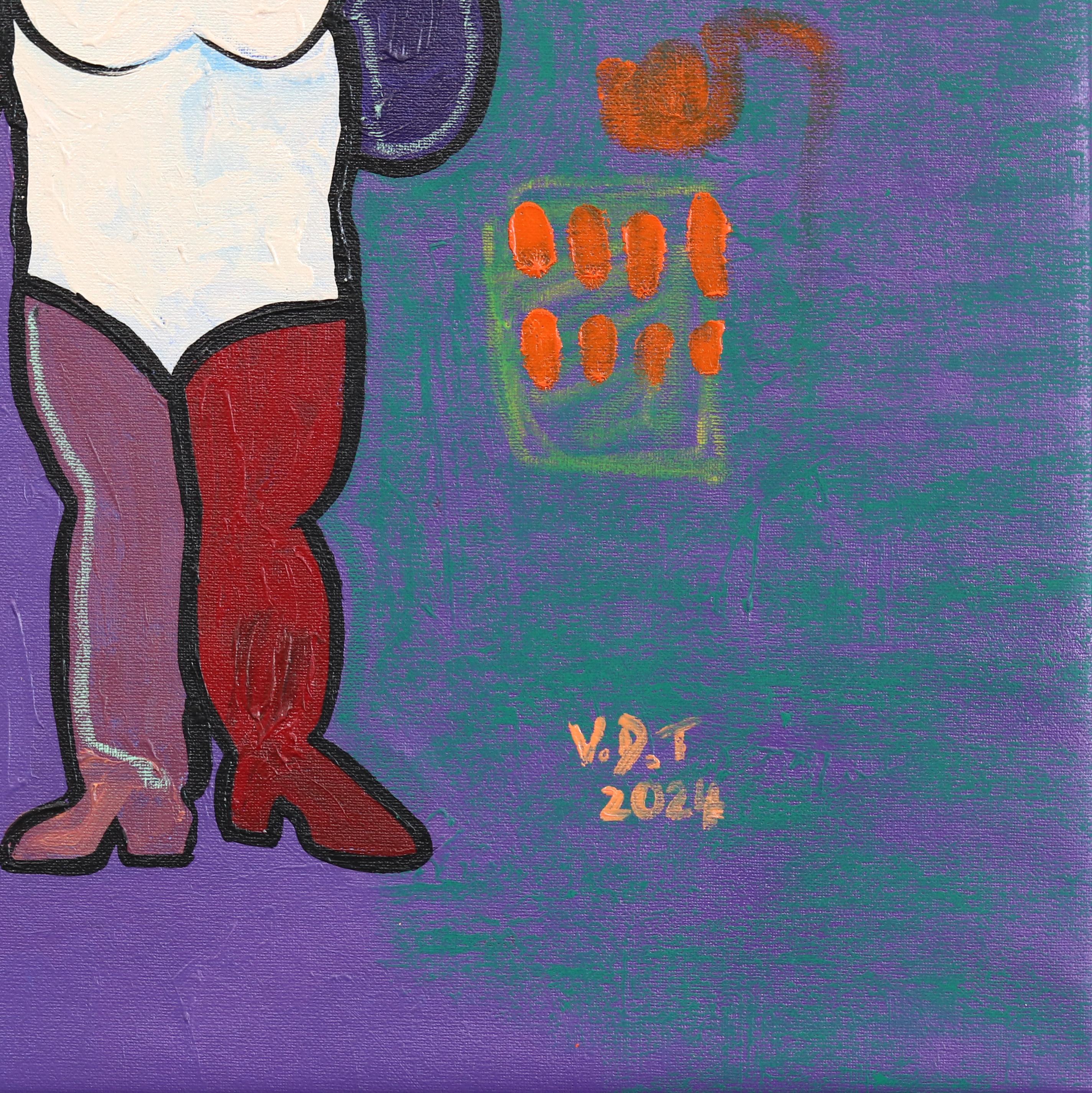 Sujeta el enchufe, no tires - Pintura expresionista figurativa púrpura abstracta - Painting Abstracto de Valerie Etitinwo
