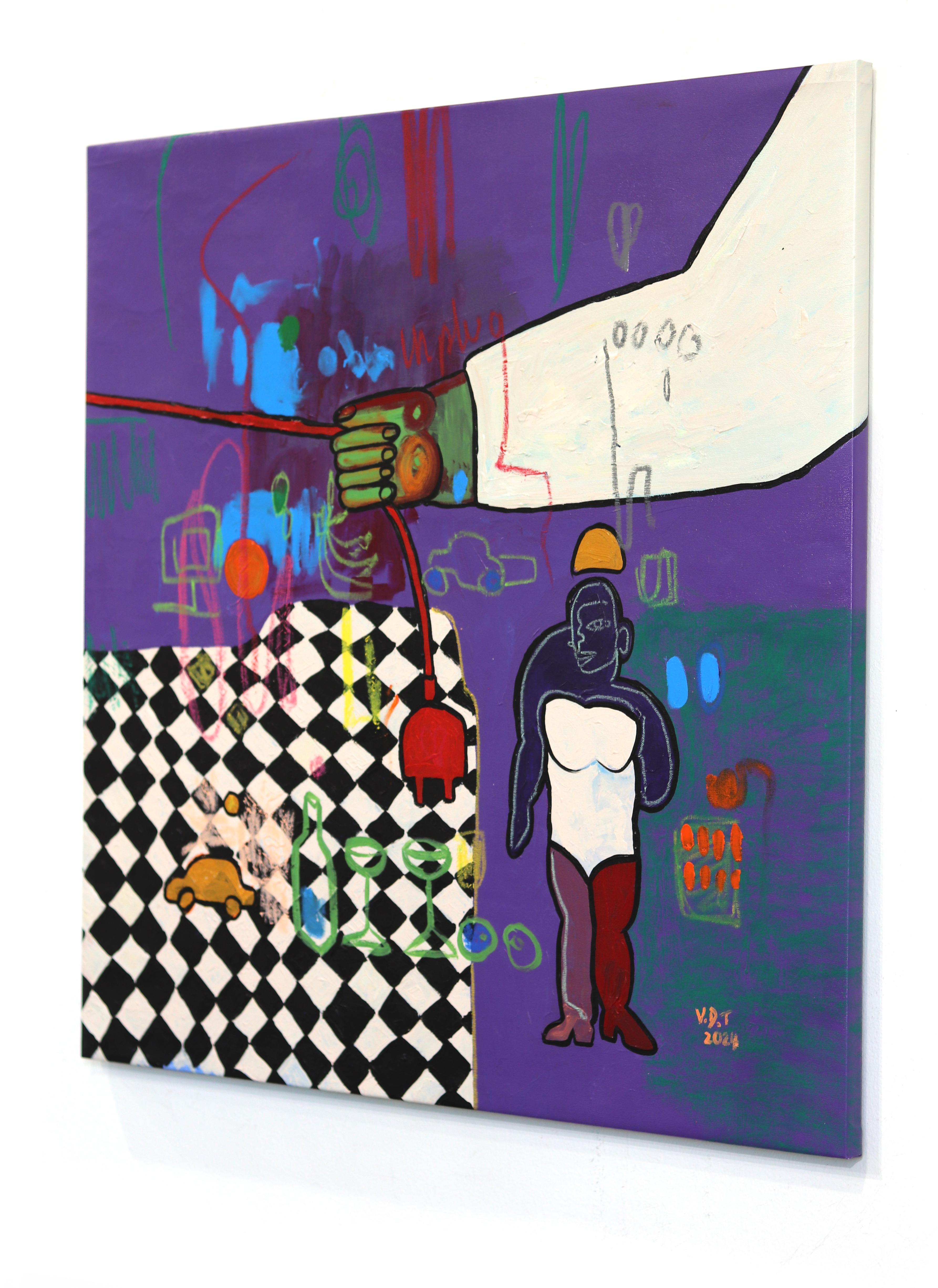 Sujeta el enchufe, no tires - Pintura expresionista figurativa púrpura abstracta - Figurative Painting Púrpura de Valerie Etitinwo
