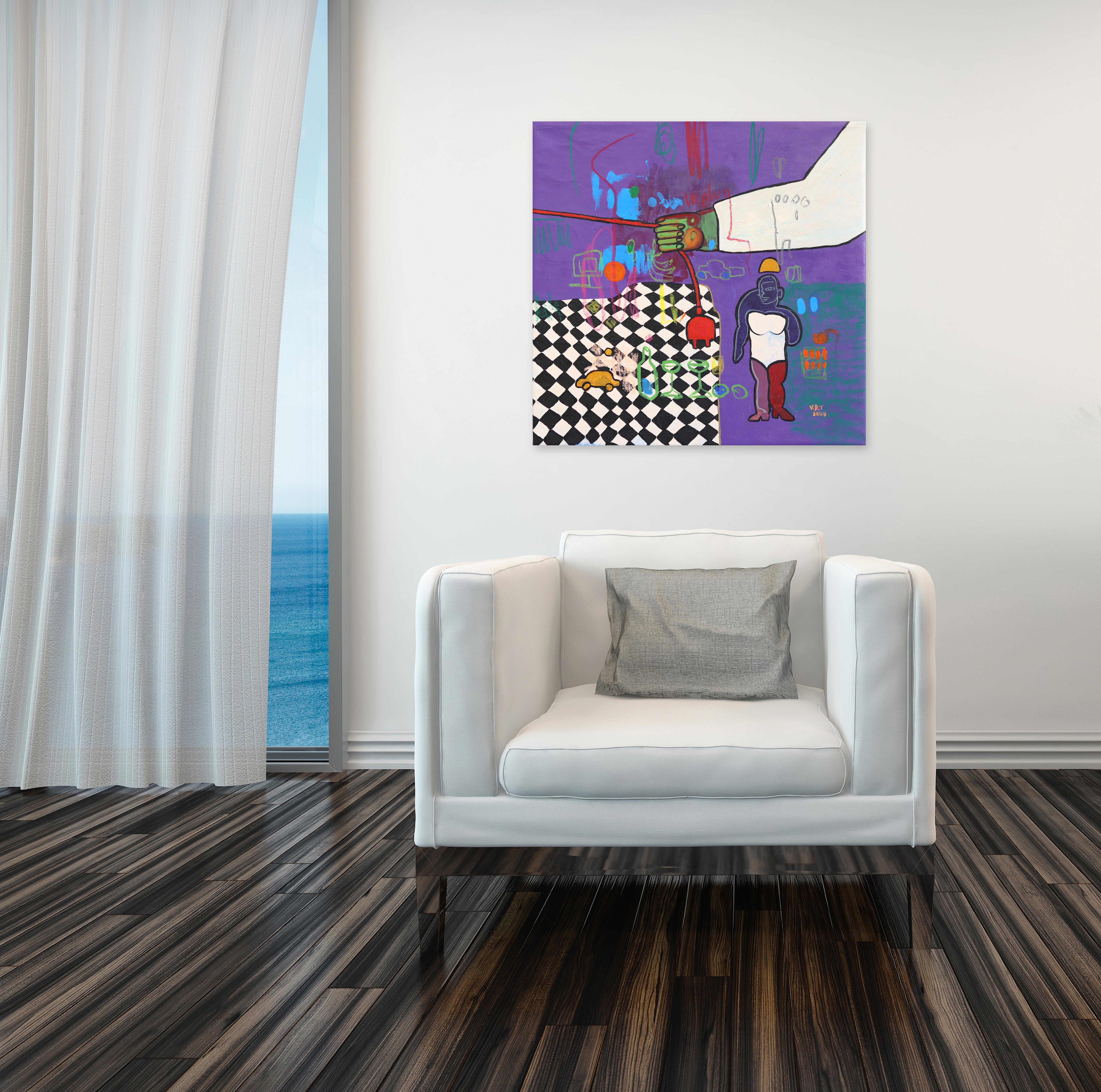 Sujeta el enchufe, no tires - Pintura expresionista figurativa púrpura abstracta en venta 1