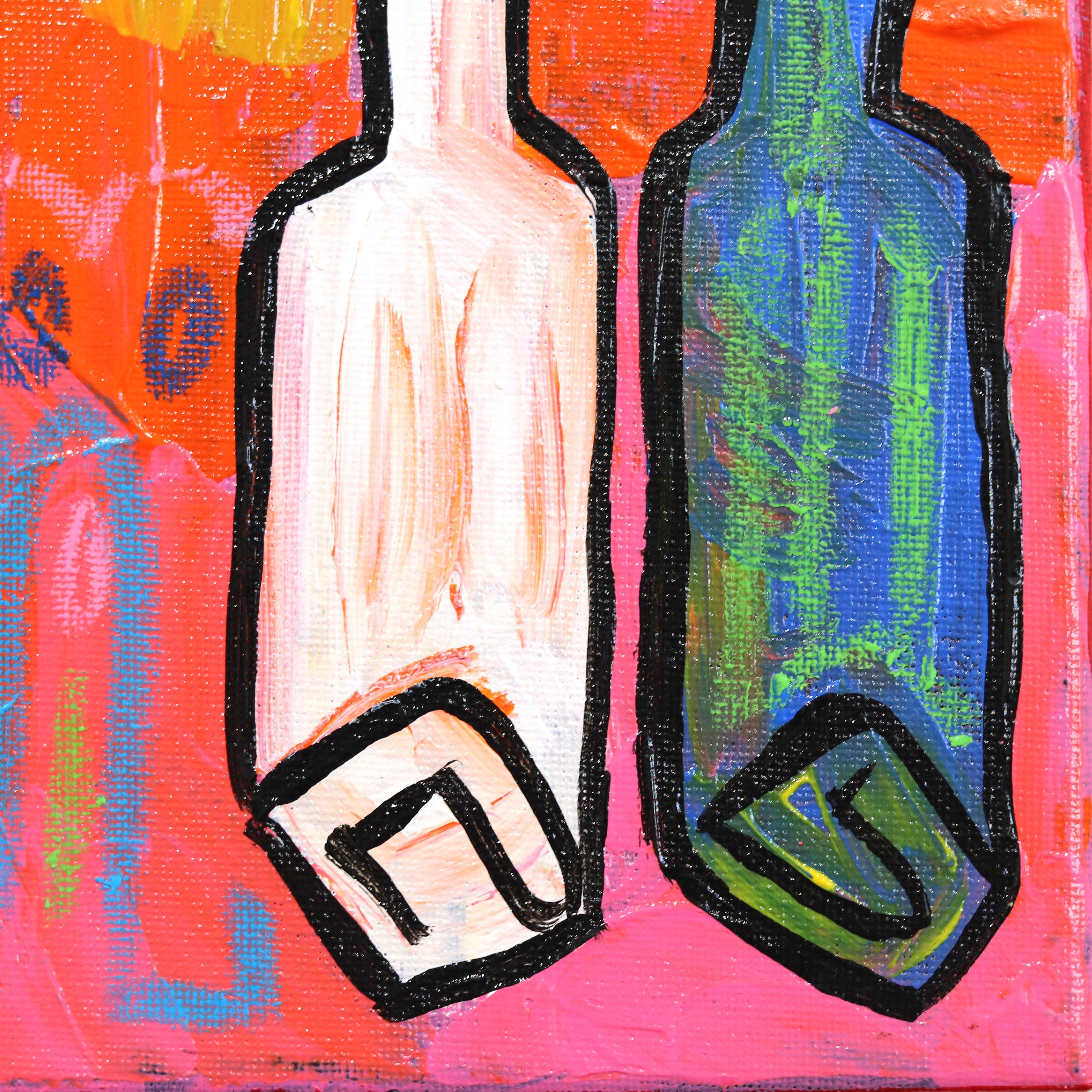 No, Thank You -  Colorful Abstract Figurative Hand and Bottles Artwork on Canvas For Sale 4