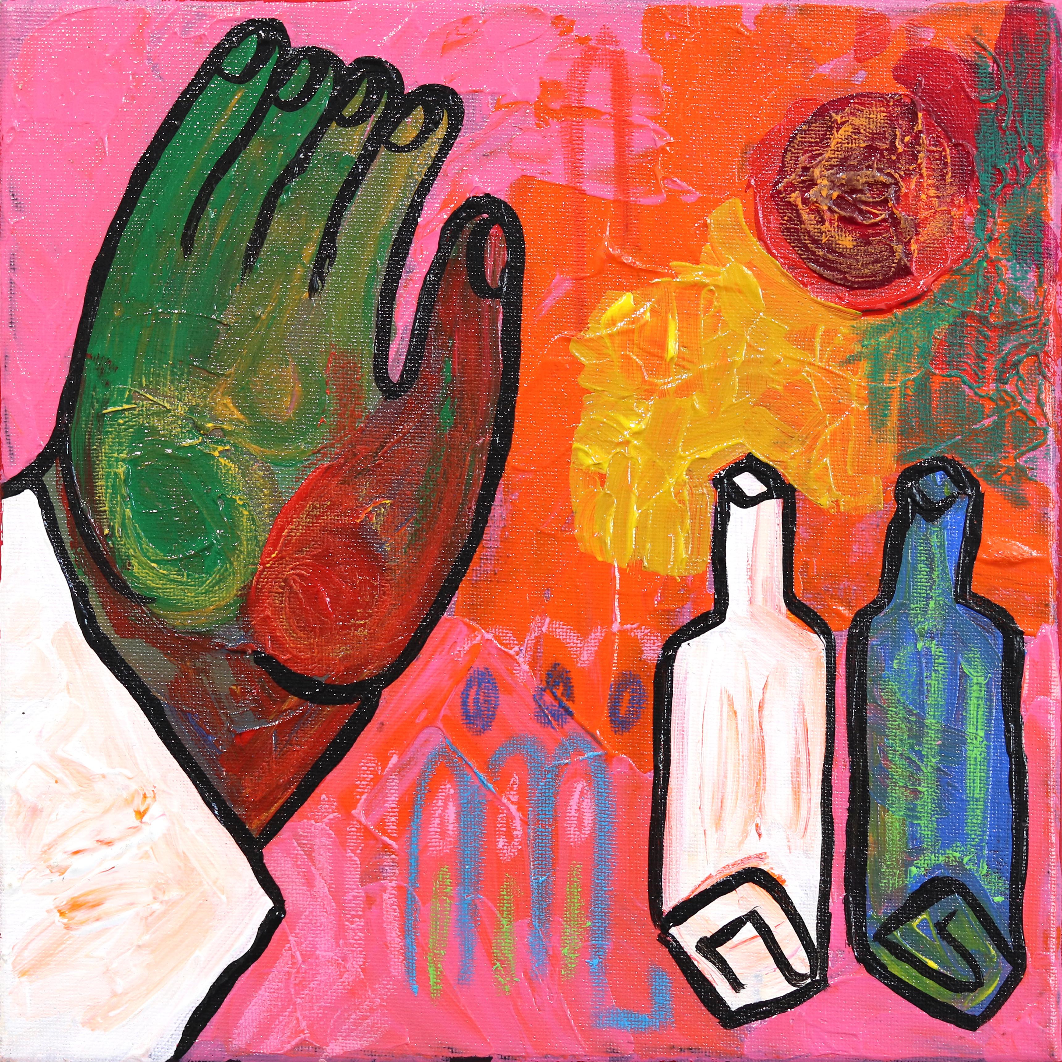 No, Thank You -  Colorful Abstract Figurative Hand and Bottles Artwork on Canvas