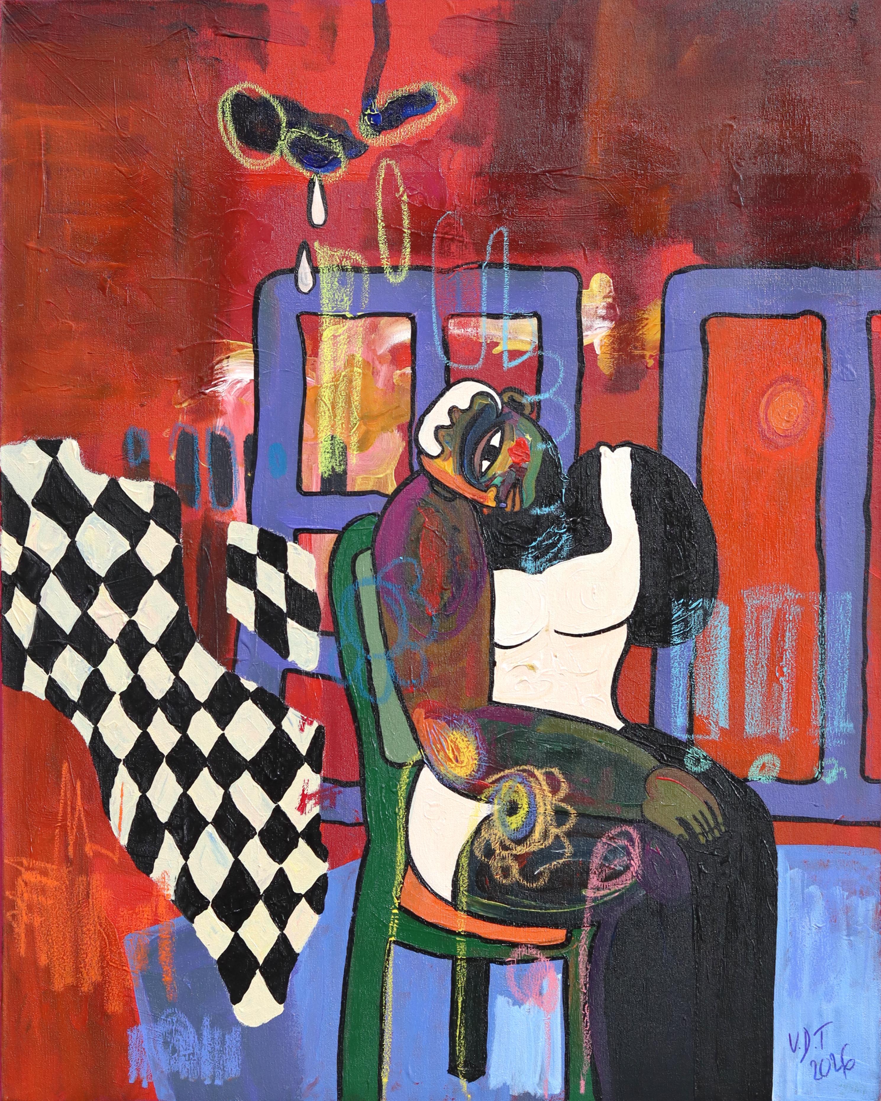 Rainy Apartment 2 - Abstract Figurative Cubist Colorful Mixed Media Artwork