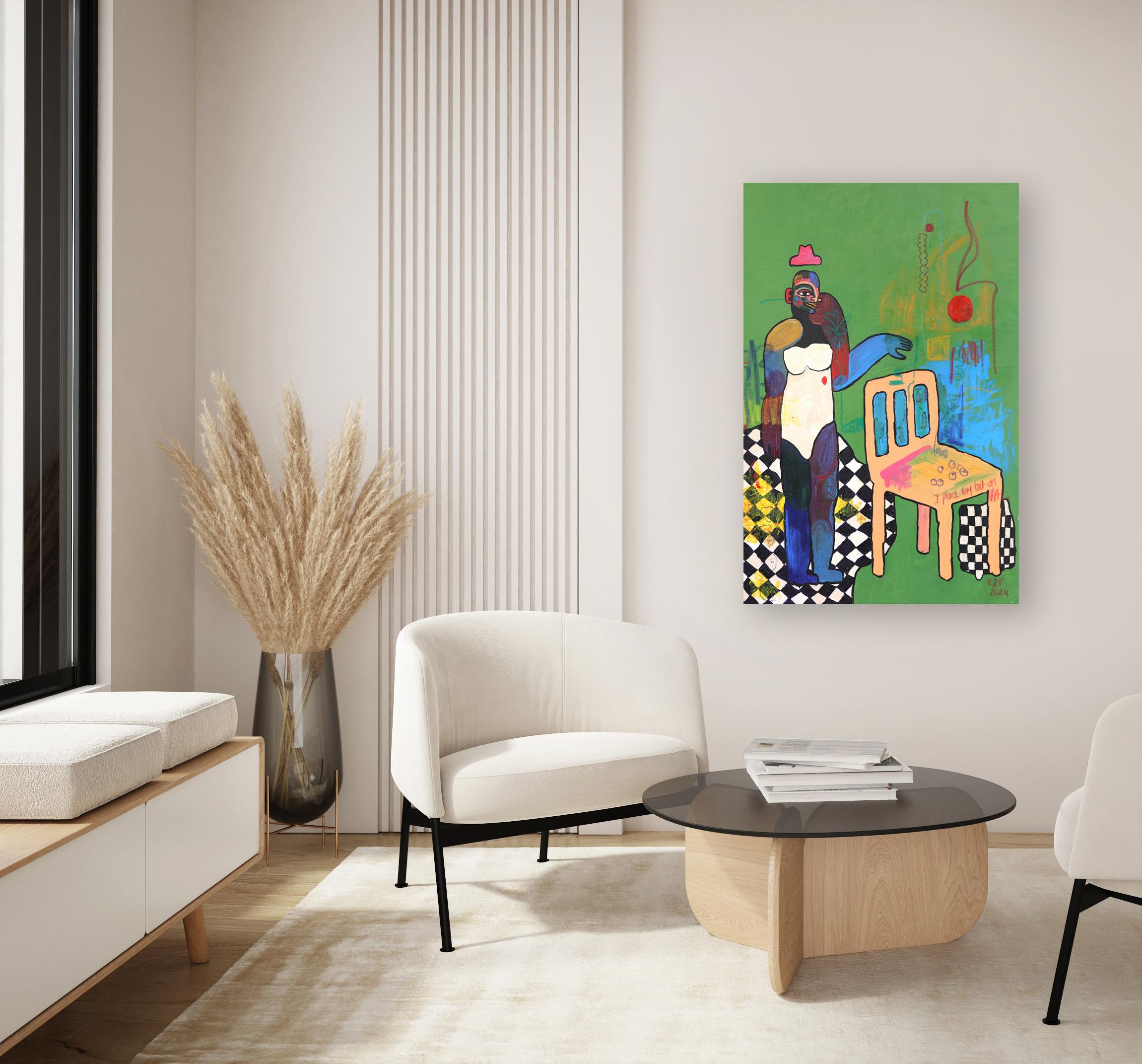 Me recuerda a la escuela primaria  -  Pintura abstracta figurativa verde - Painting de Valerie Etitinwo