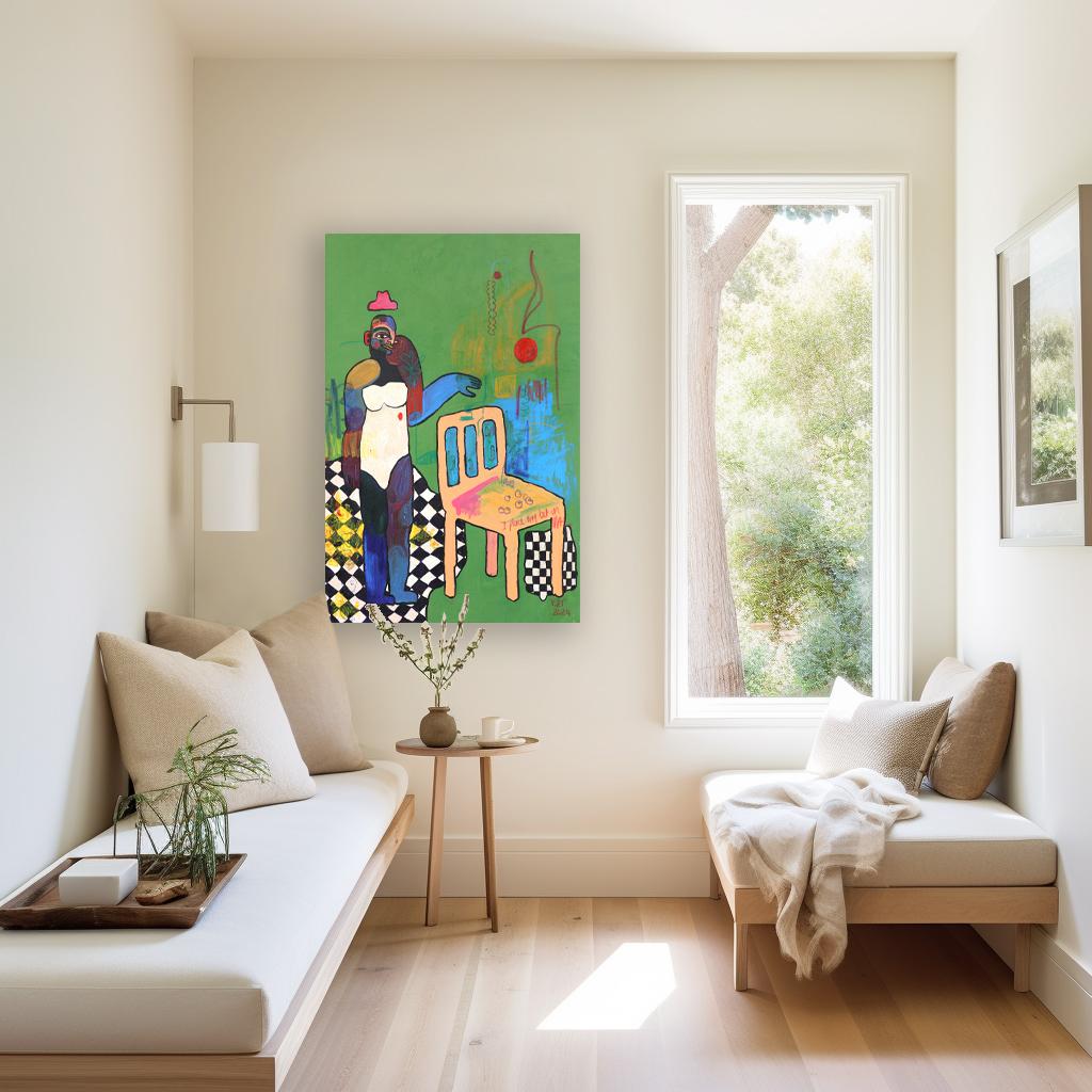 Me recuerda a la escuela primaria  -  Pintura abstracta figurativa verde en venta 1