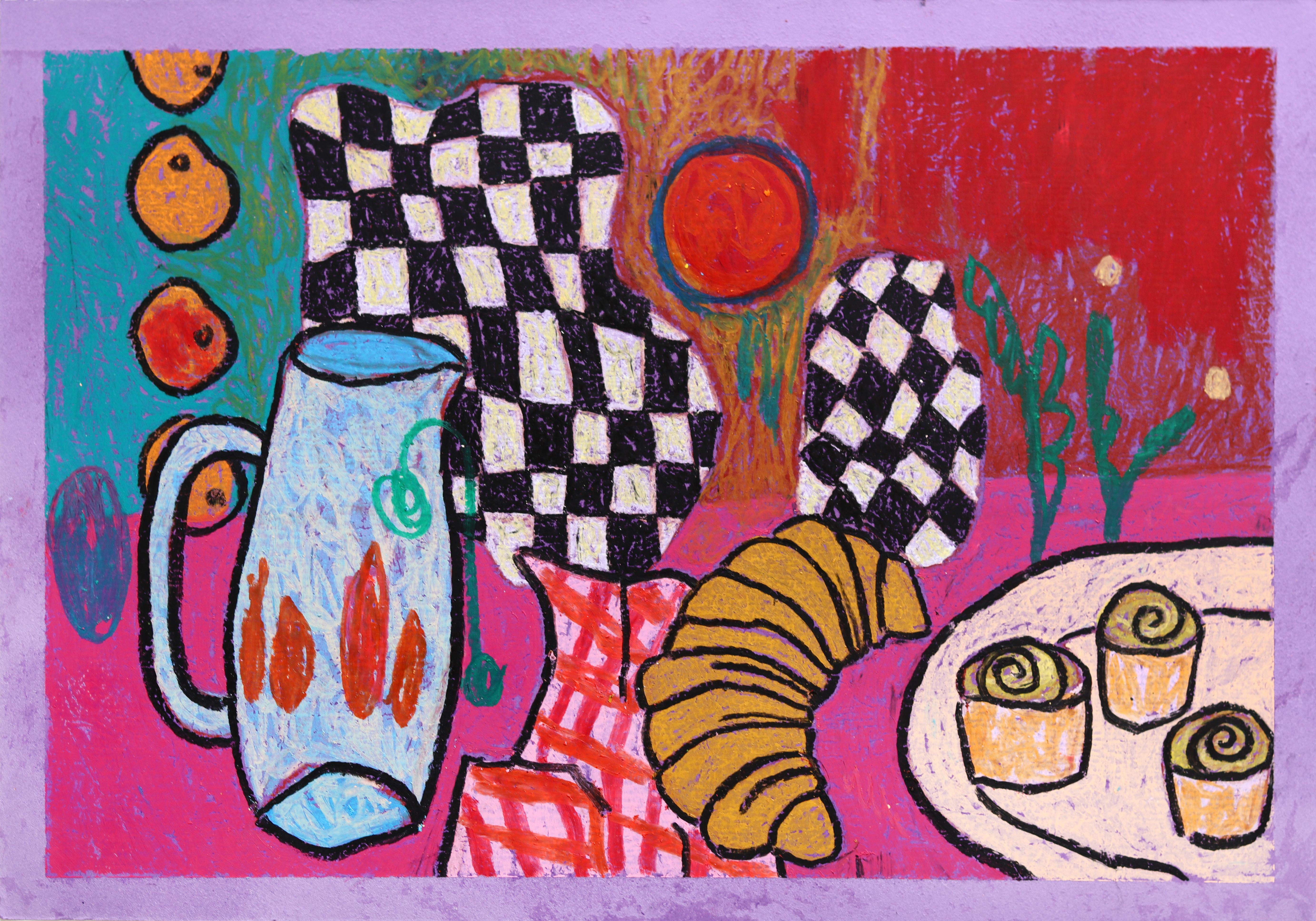 Still Life 10 - Original Abstract Still Life Oil Pastel on Colored Paper, Signed