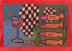 Still Life 3 - Original Bold Abstract Color Drenched Fish on Table Art on Paper