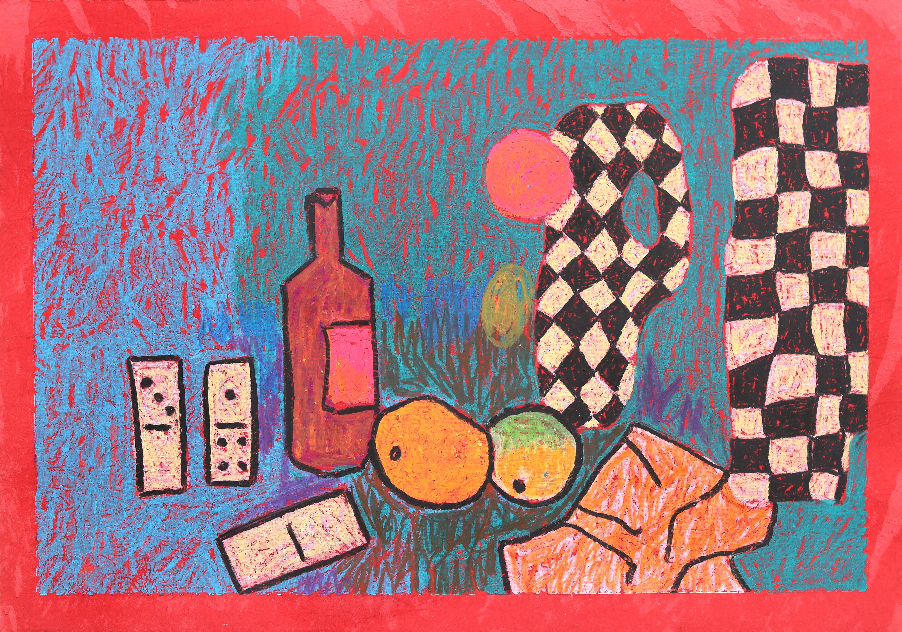 Valerie Etitinwo Abstract Painting – Still Life 8 - Original Bold Abstract Colorful Food Checkered Table Art auf Papier