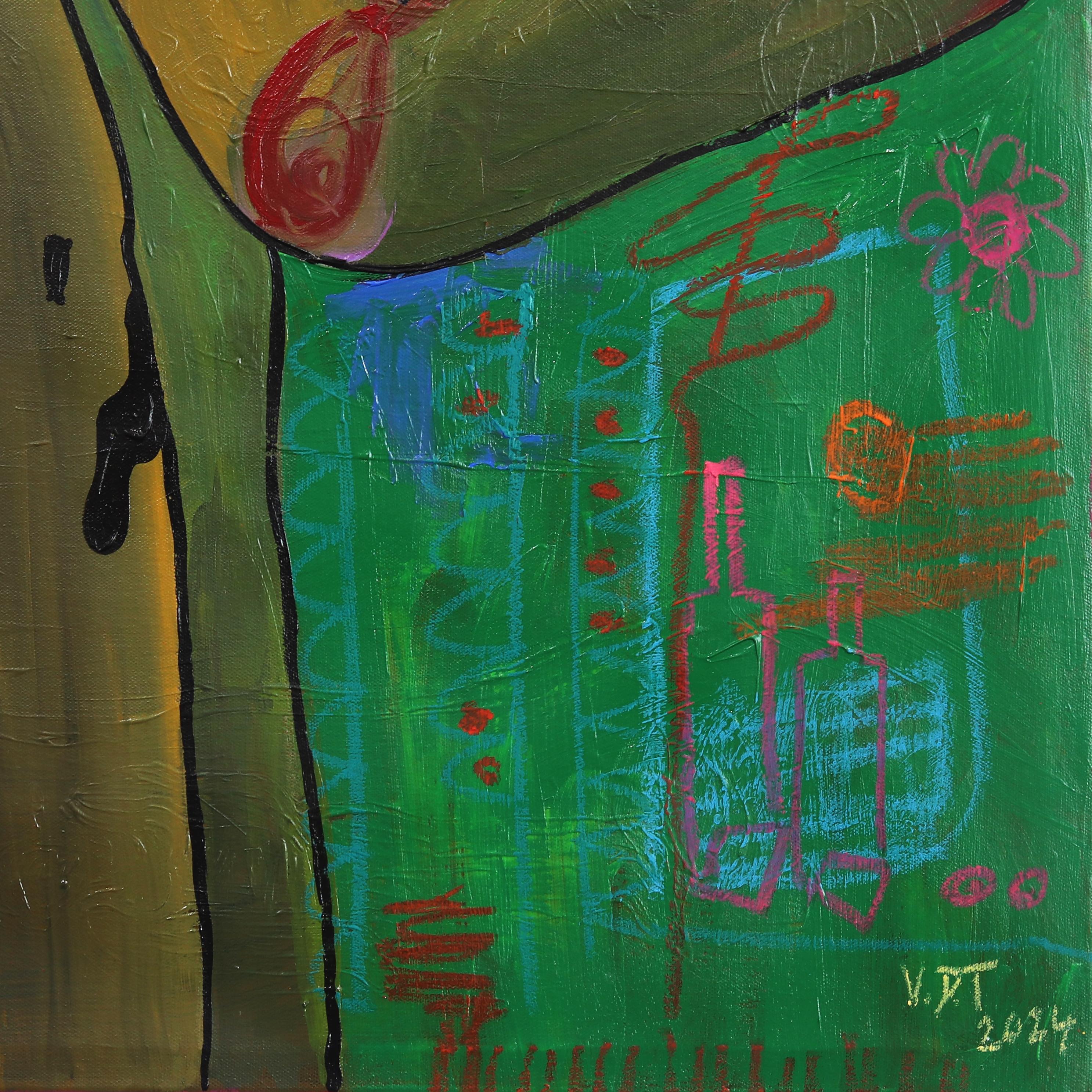 Domenica a letto  -  Pittura astratta figurativa colorata in vendita 3
