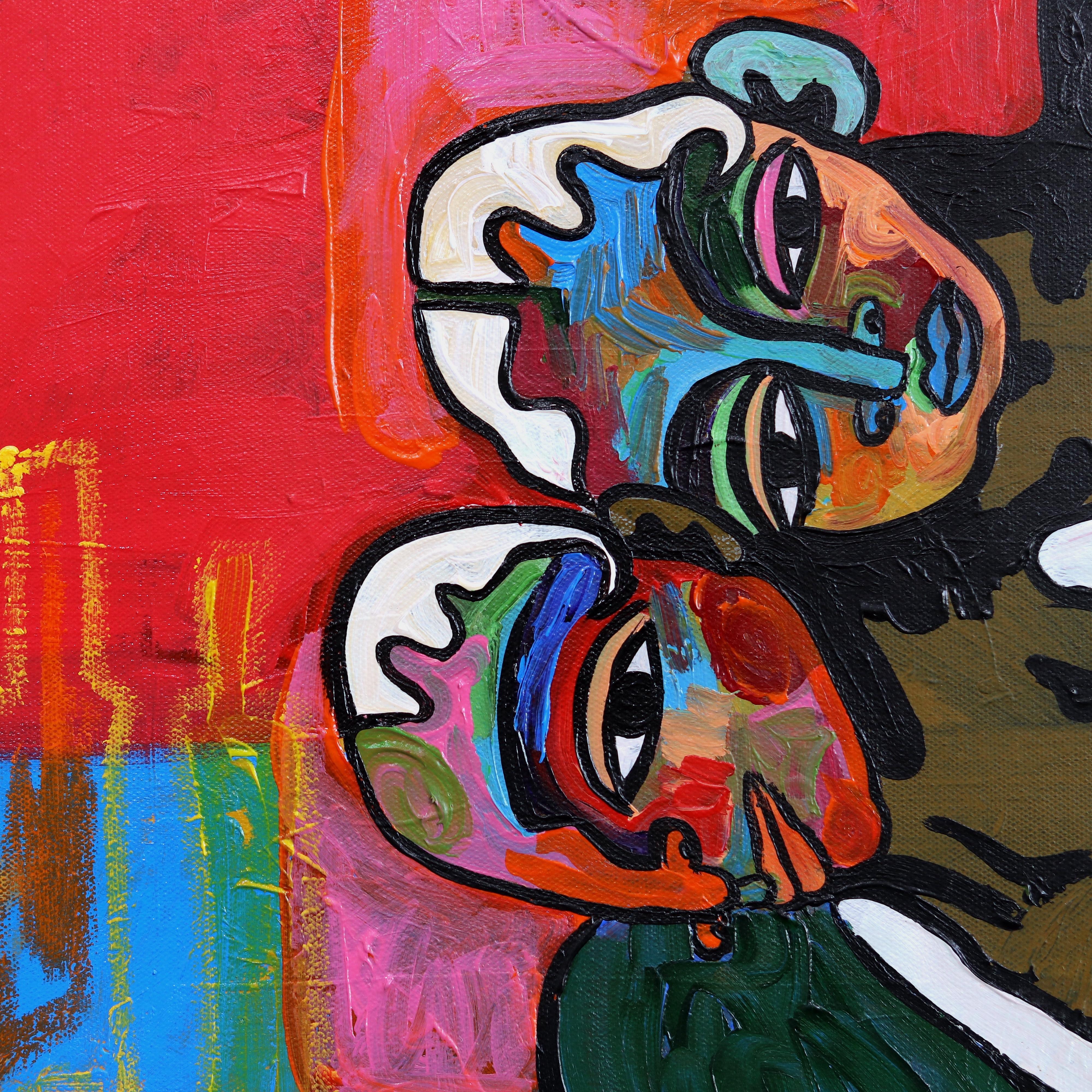 Domenica a letto  -  Pittura astratta figurativa colorata in vendita 4