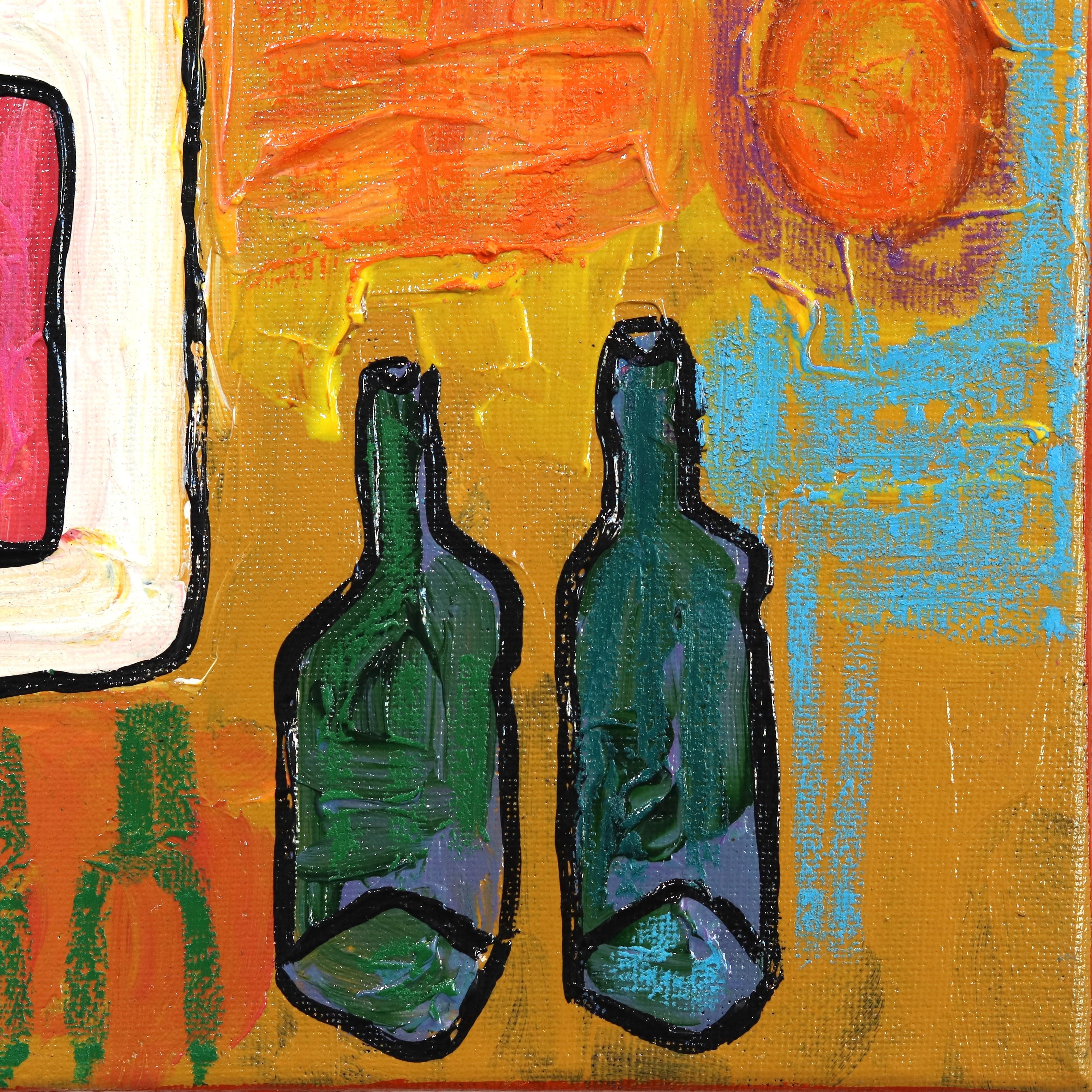 Tisch und Fenster 2 – Abstraktes Stillleben-Kunstwerk auf Leinwand mit bunten Flaschen im Angebot 4