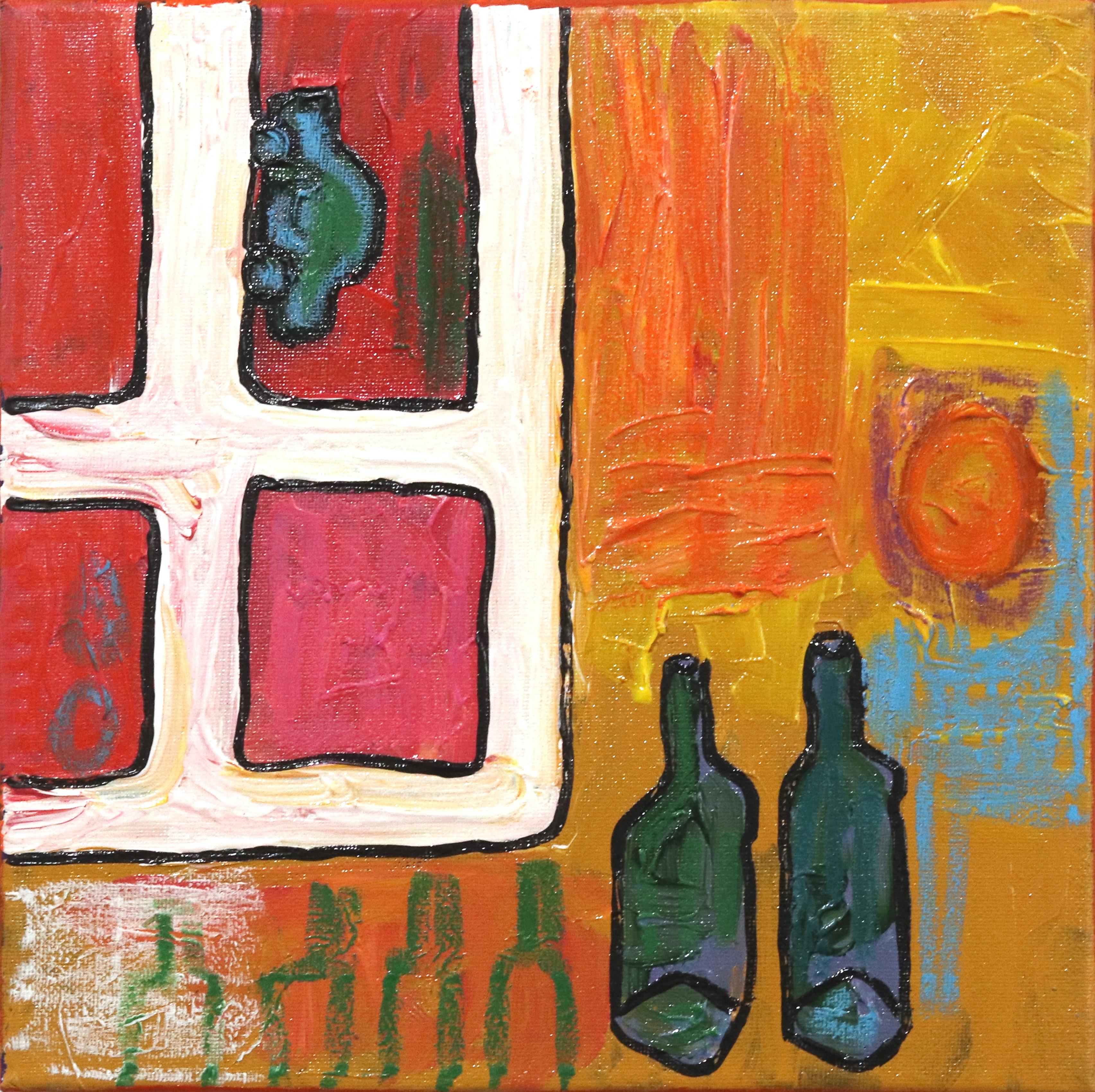 Tisch und Fenster 2 – Abstraktes Stillleben-Kunstwerk auf Leinwand mit bunten Flaschen