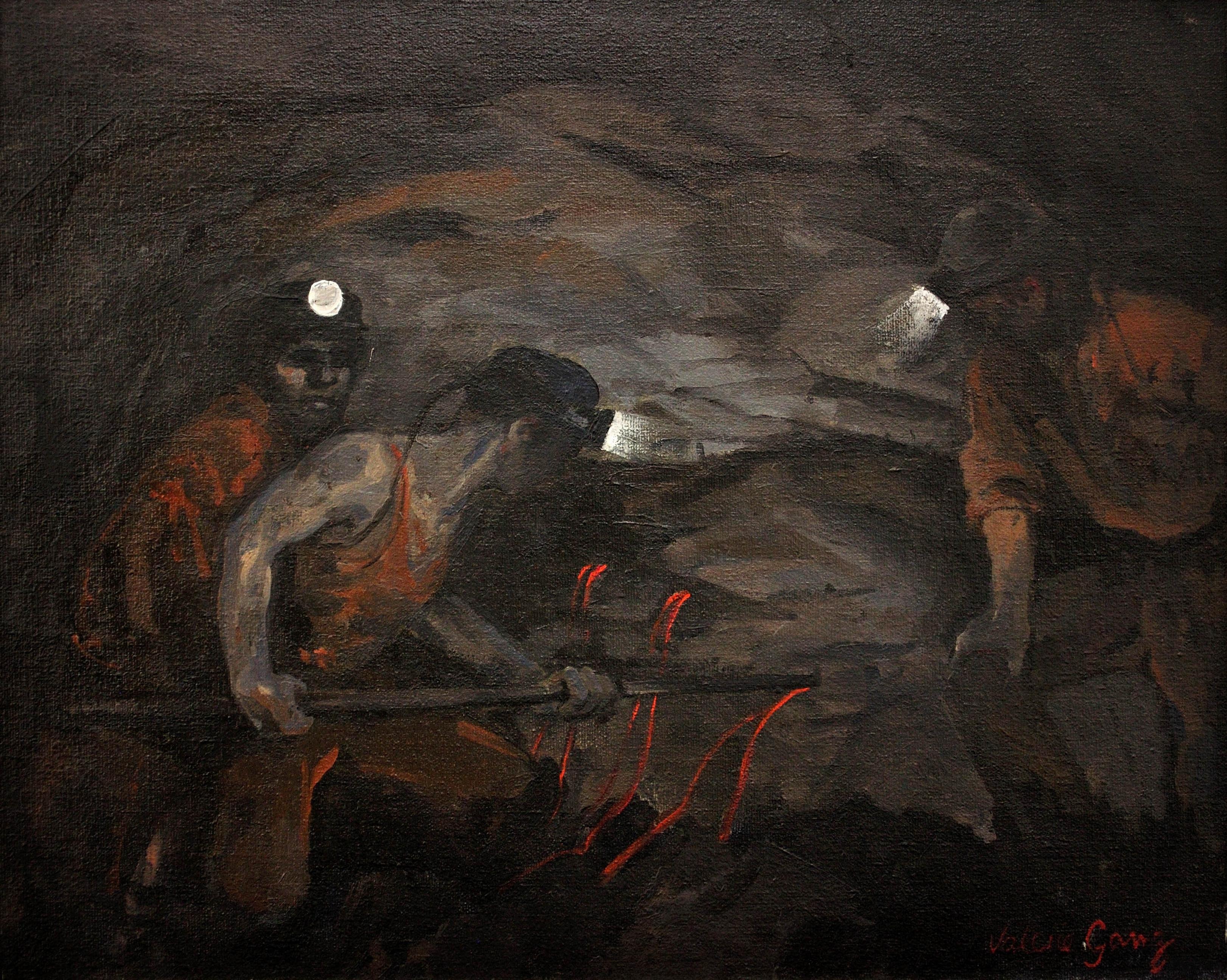 Firing. Setting & Detonation of Explosive Charges Underground Welsh Coalminers - Painting by Valerie Ganz