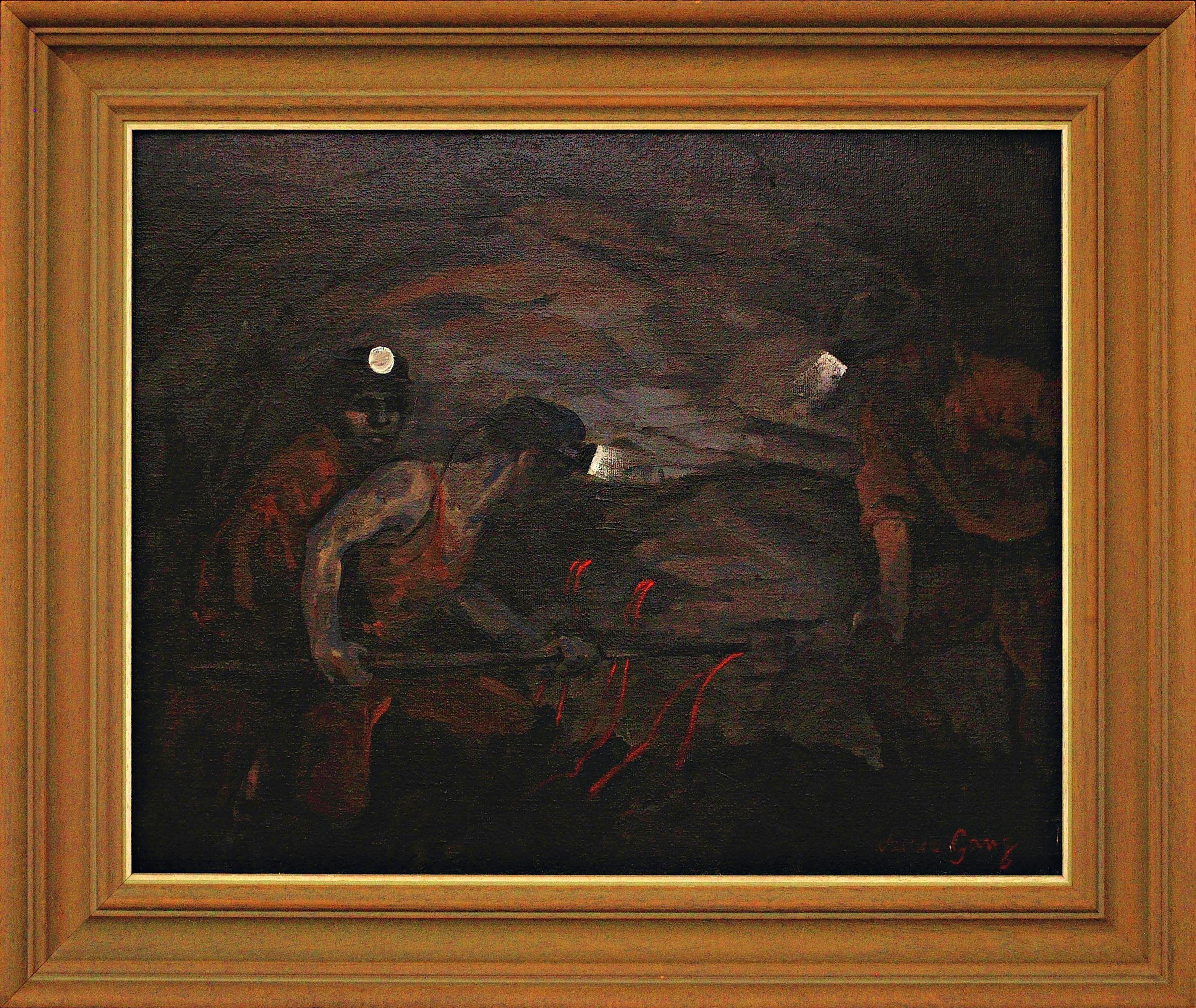 Fuoco! L'innesco e la detonazione di esplosivi nel sottosuolo da parte dei minatori gallesi - Painting di Valerie Ganz