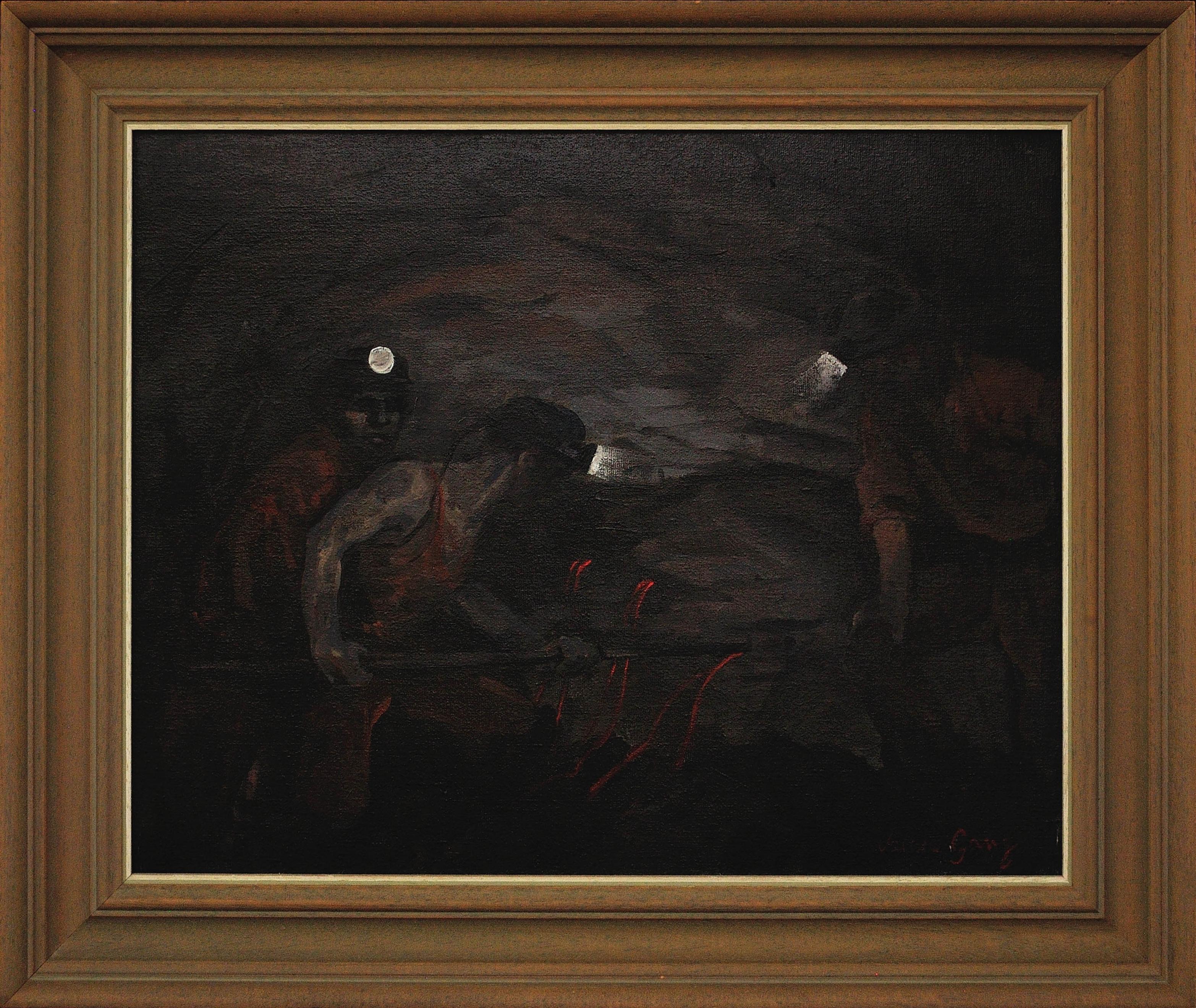 Valerie Ganz Figurative Painting - Firing. Setting & Detonation of Explosive Charges Underground Welsh Coalminers