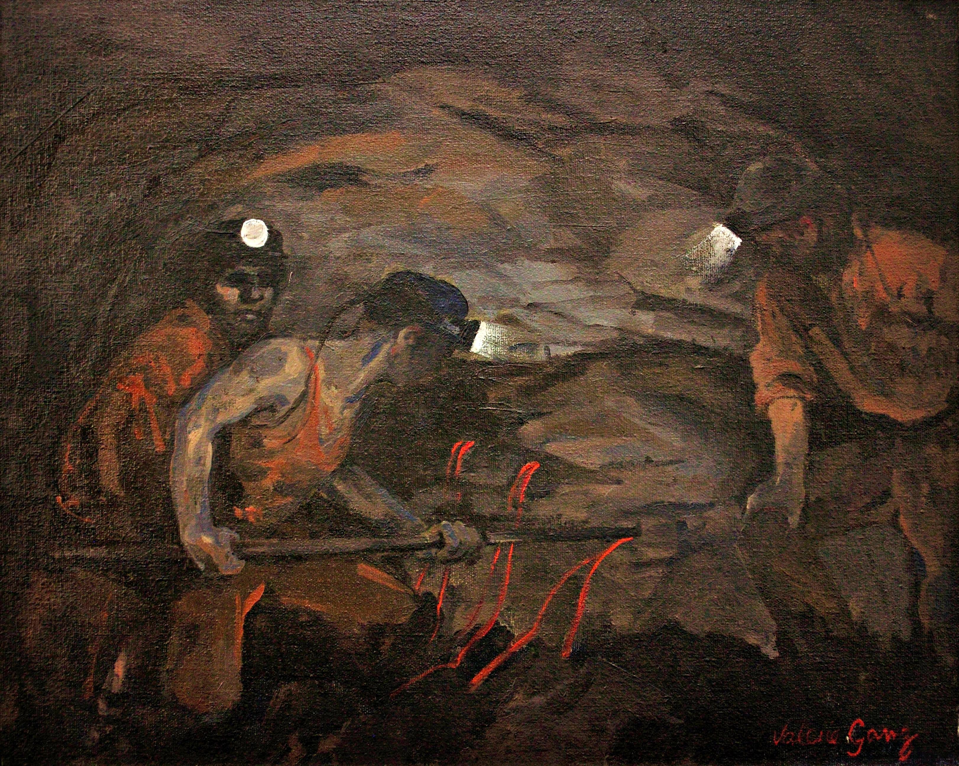 Figurative Painting di Valerie Ganz - Fuoco! L'innesco e la detonazione di esplosivi nel sottosuolo da parte dei minatori gallesi