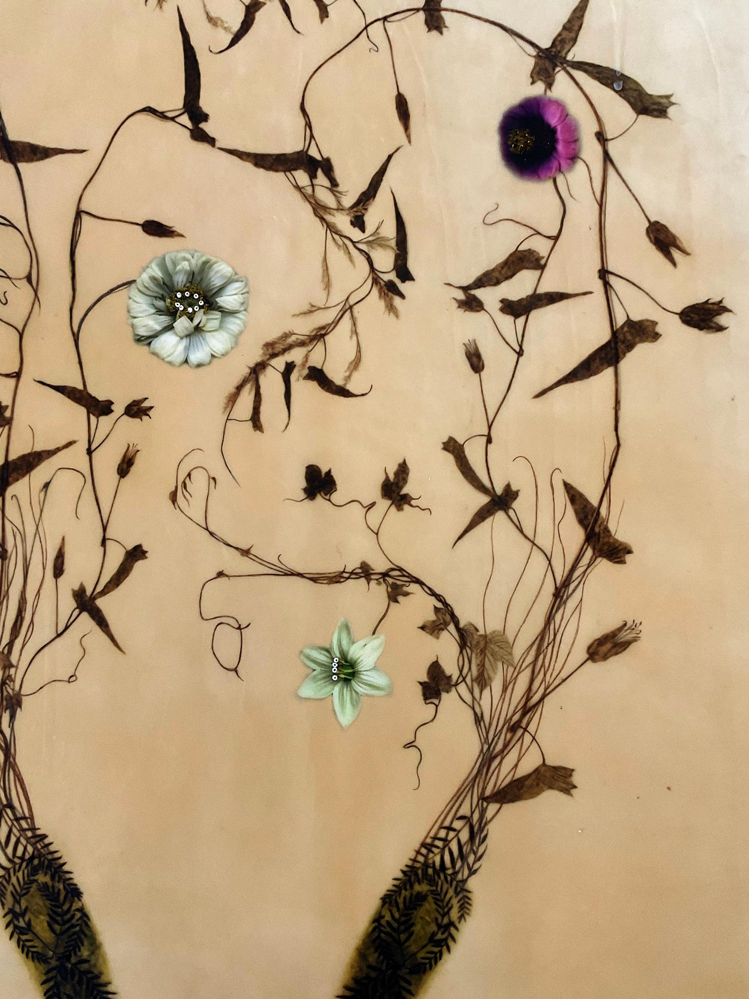 Traces 51 (Whimsical Mixed Media Drawing of Hands Trailing Botanicals and Vines) - Painting by Valerie Hammond
