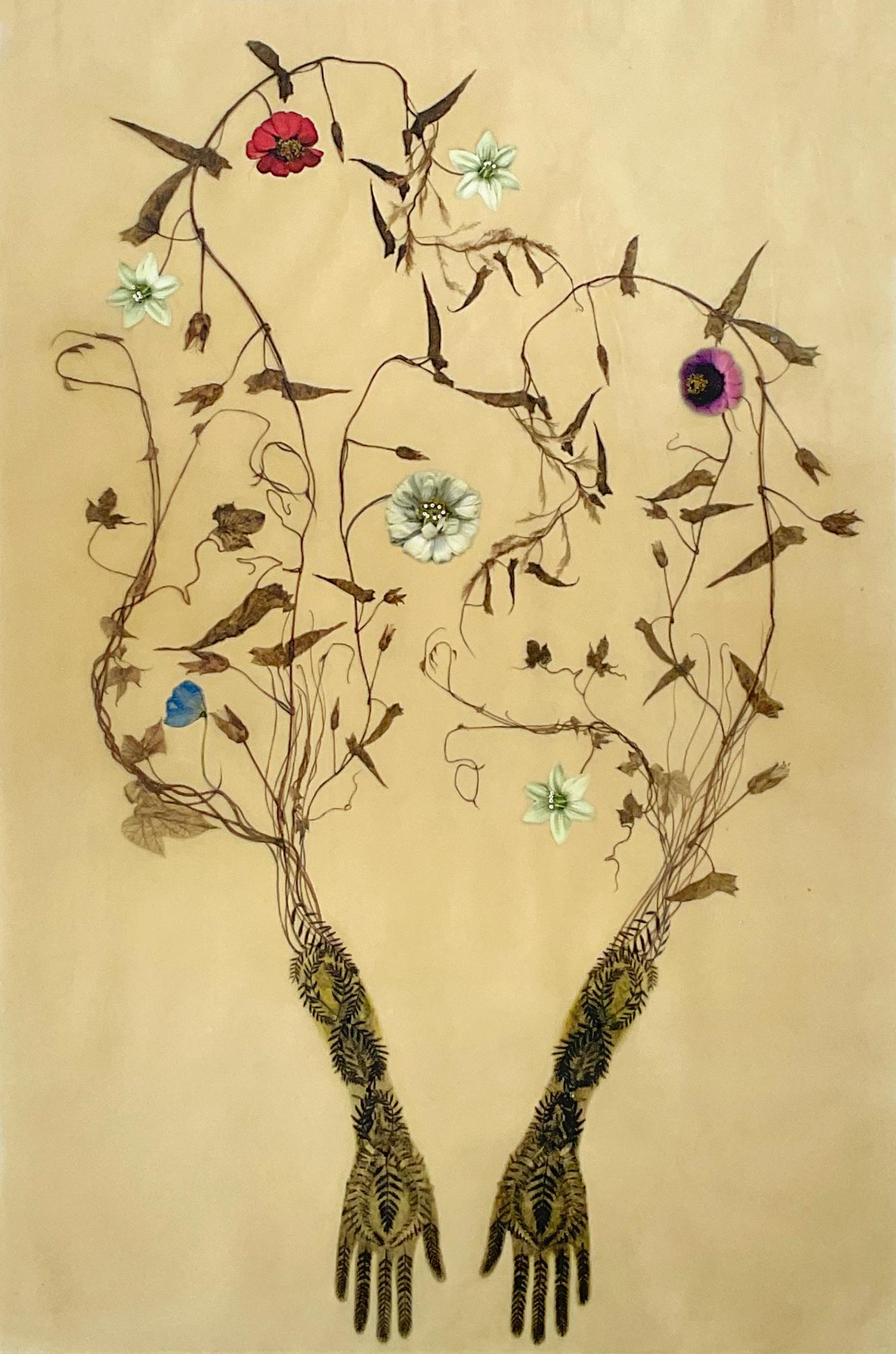 Valerie Hammond Figurative Painting - Traces 51 (Whimsical Mixed Media Drawing of Hands Trailing Botanicals and Vines)