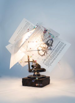 Lamp sculpture with found book pages: 'Vestibular Lamp'