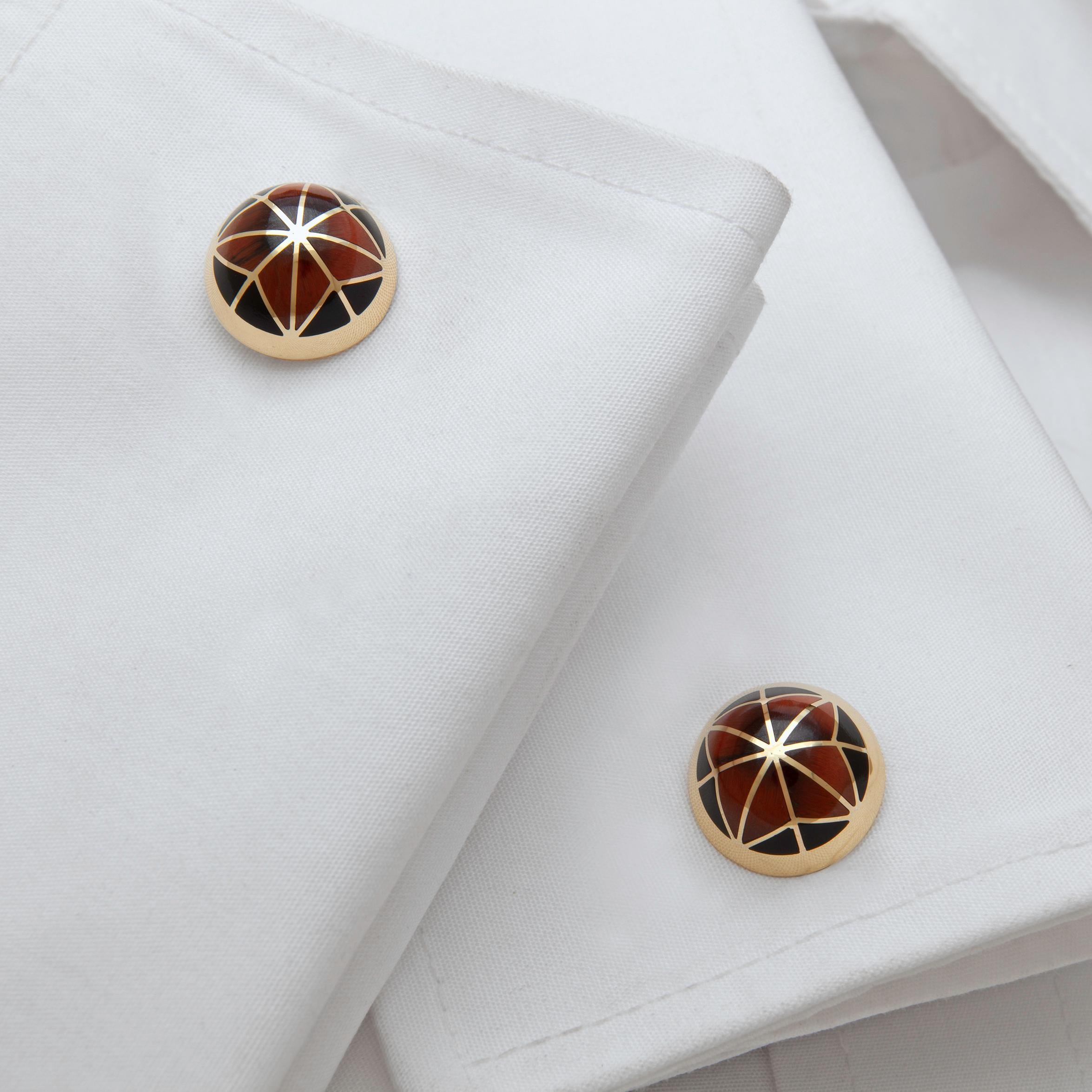 Round Cut Valerie Jo Coulson, Black Jade and Tiger's Eye Inlaid Gold Cufflinks For Sale